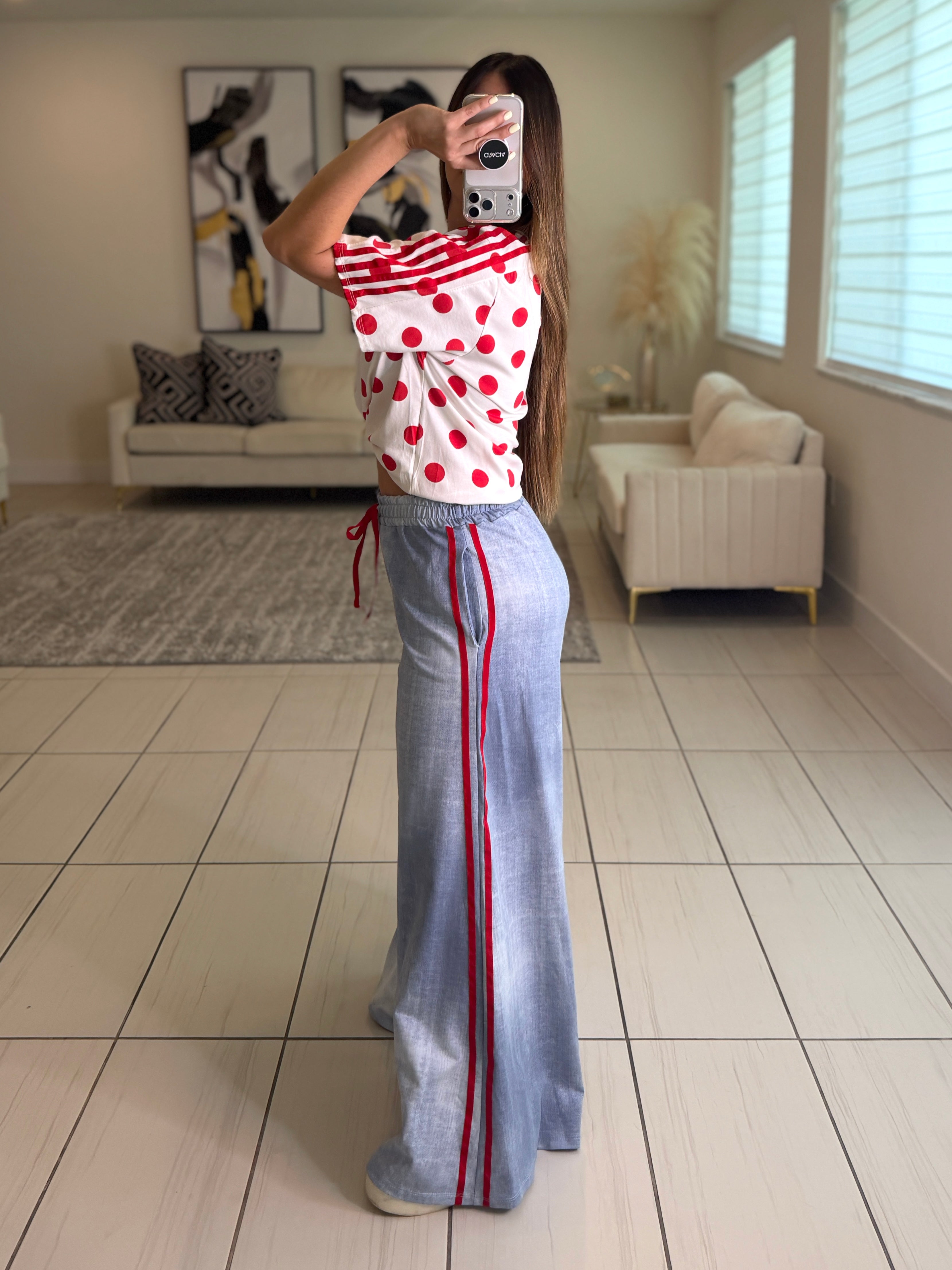 Red Stripes Flare Blue Pants