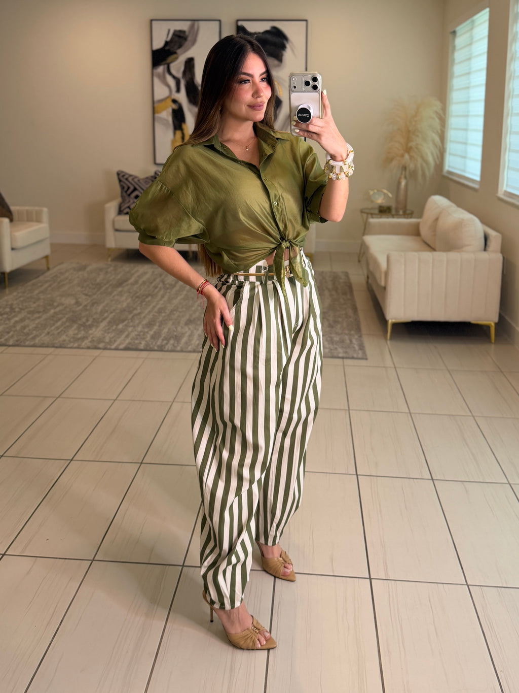 Italian Stripes Green Barrel Pants