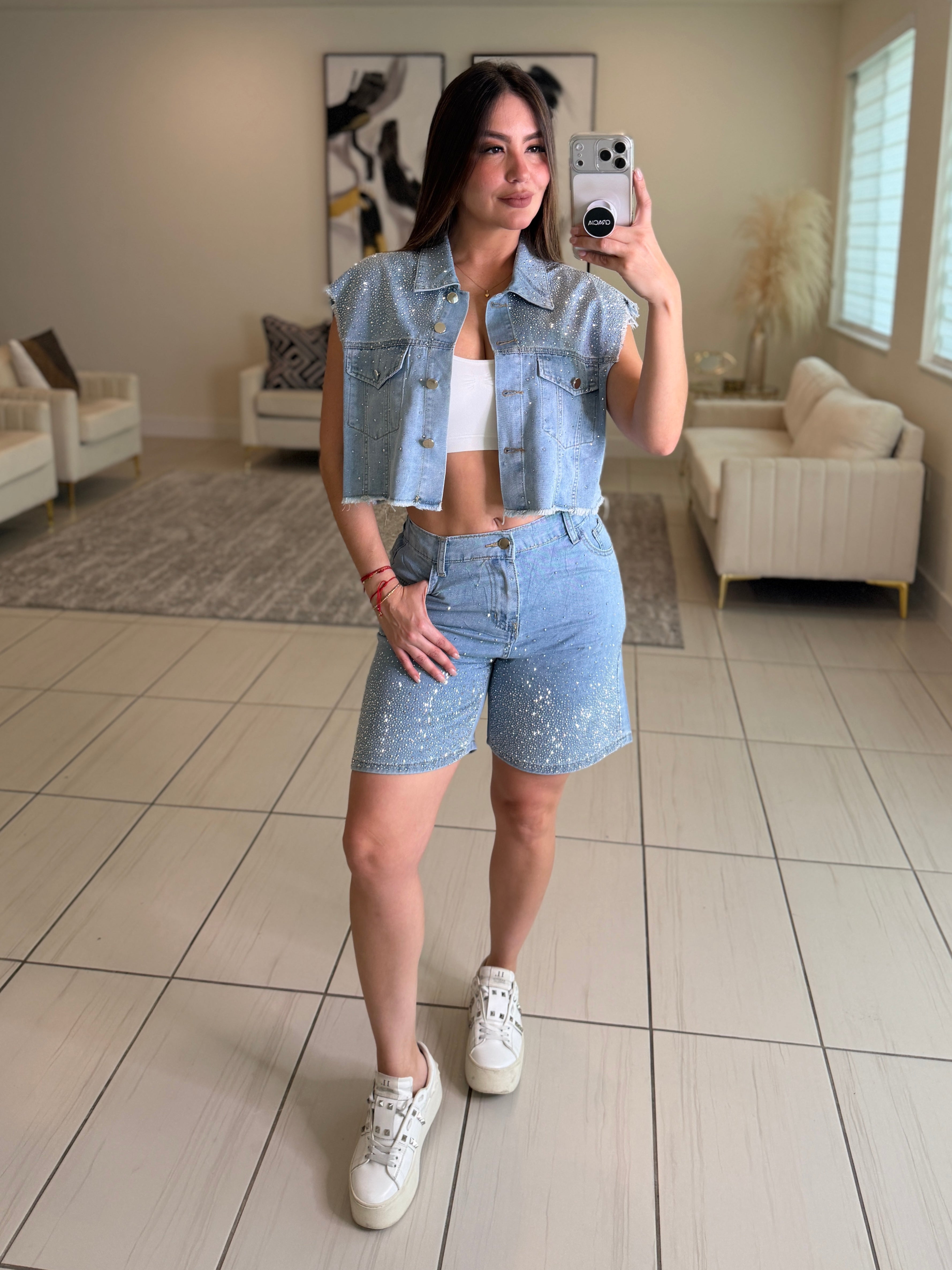 Rhinestones Muse Denim Short Set