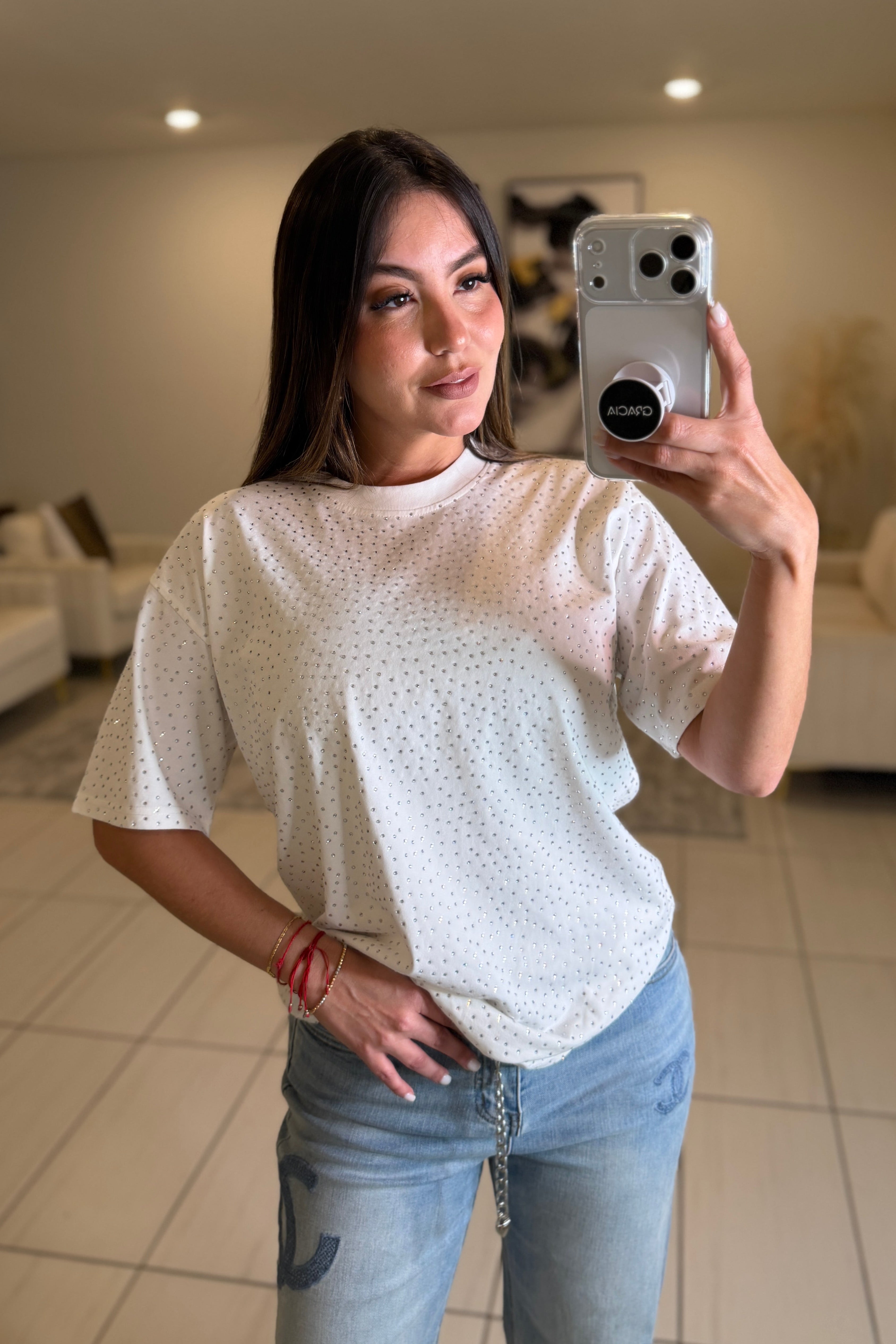 Glow Up Rhinestones White Tshirt