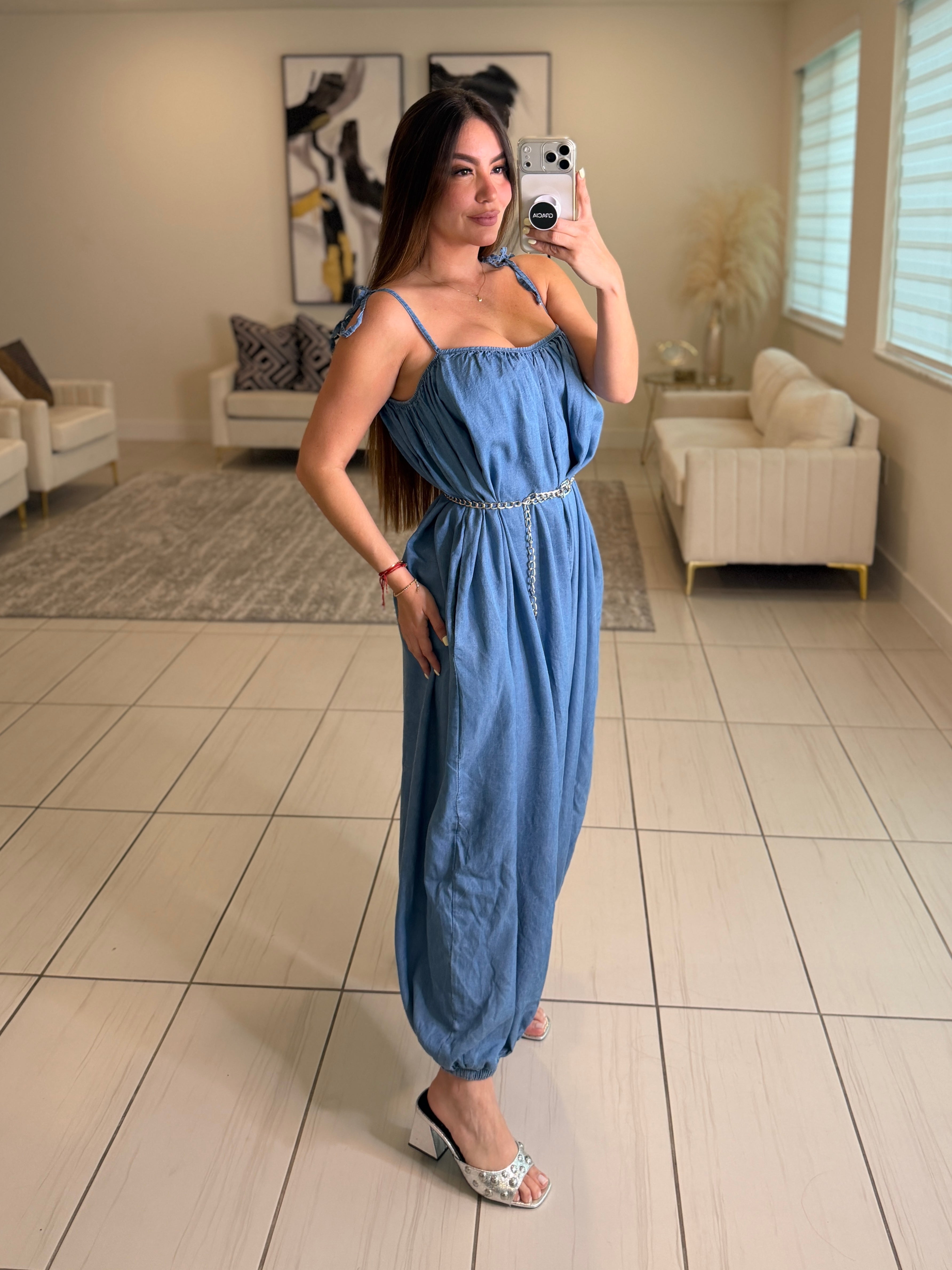 Effortless Essence Ruched Light Denim Jumpsuit