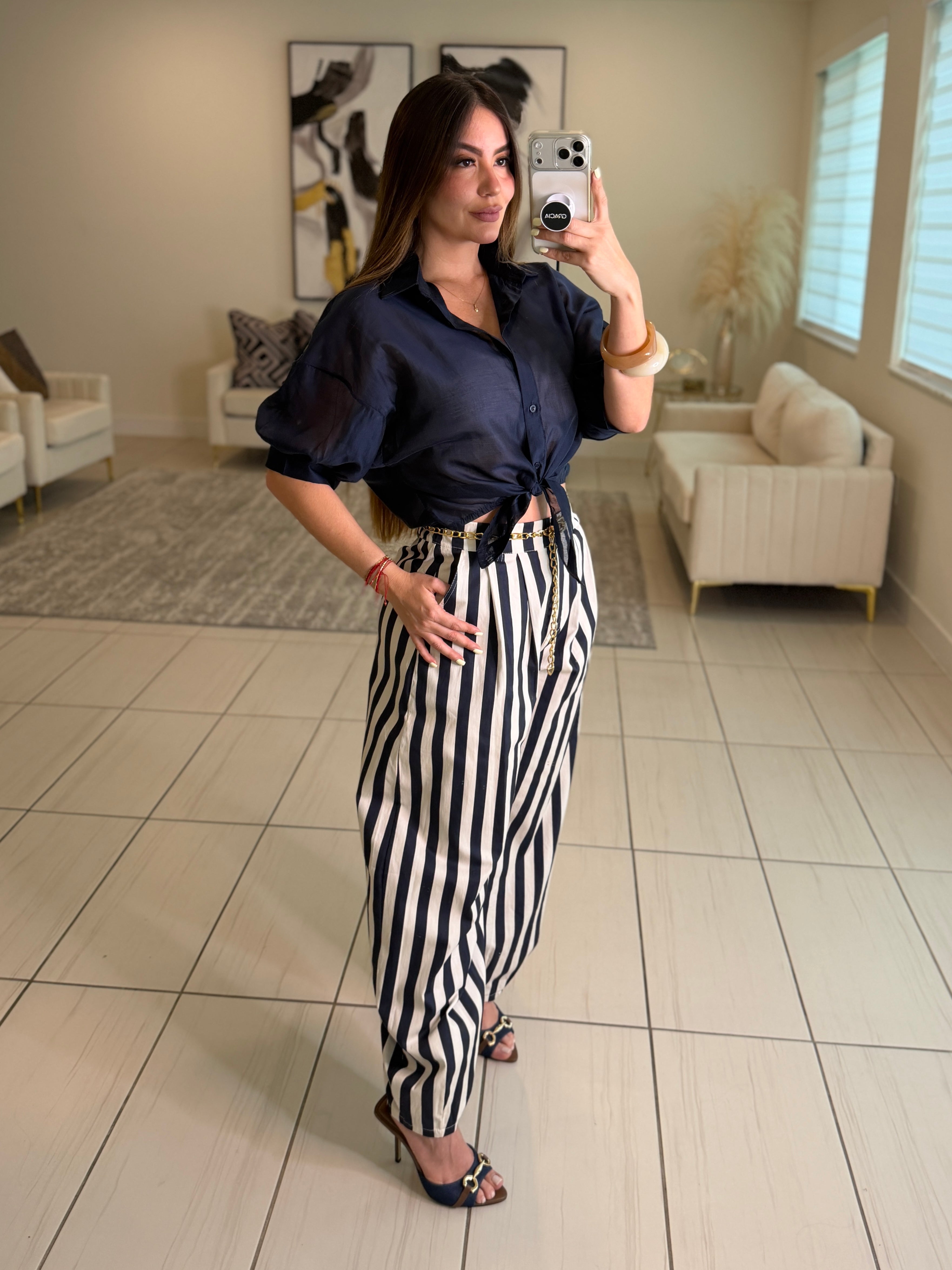 Italian Stripes Navy Blue Barrel Pants