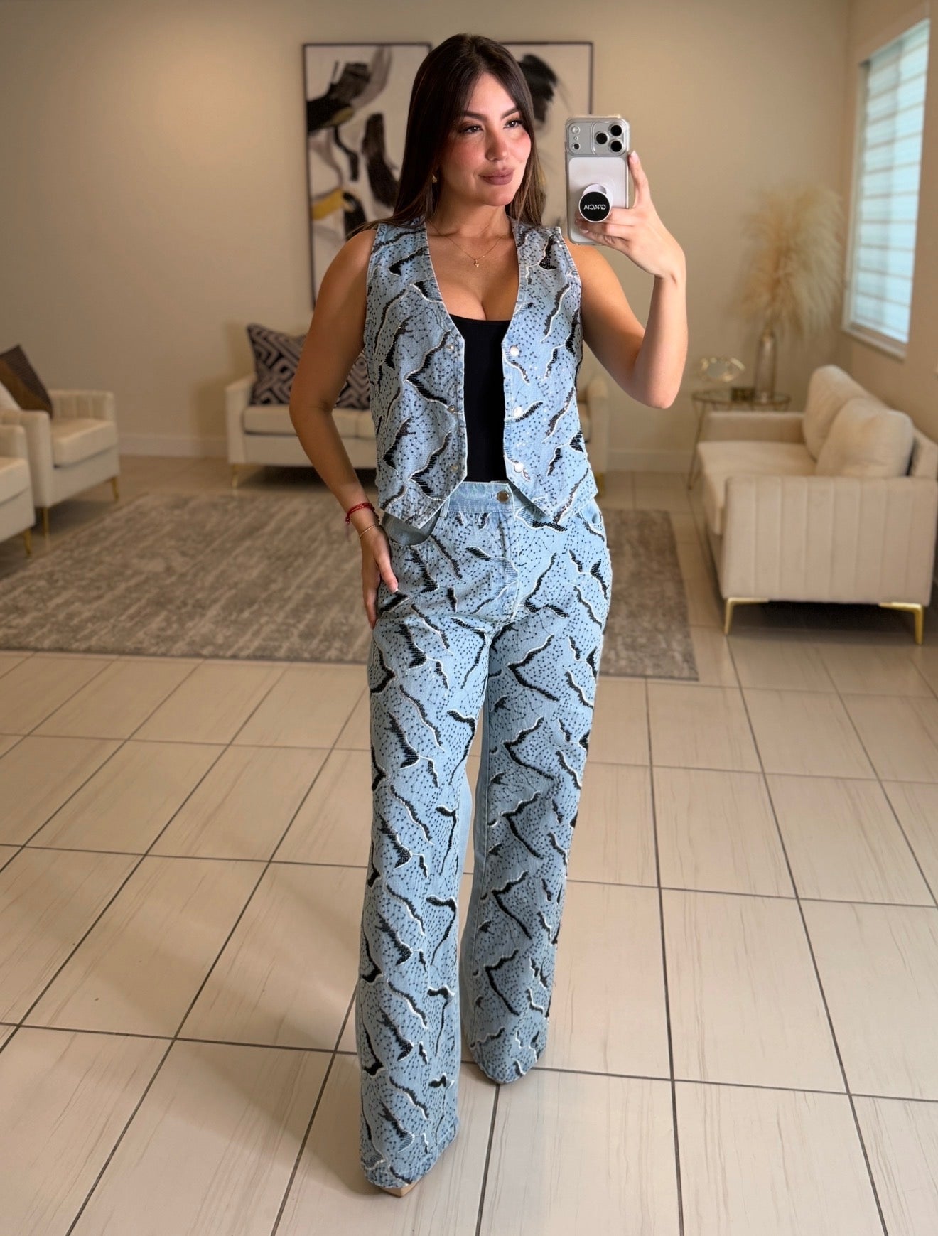 Perfect Sequin Details Denim Pant Set
