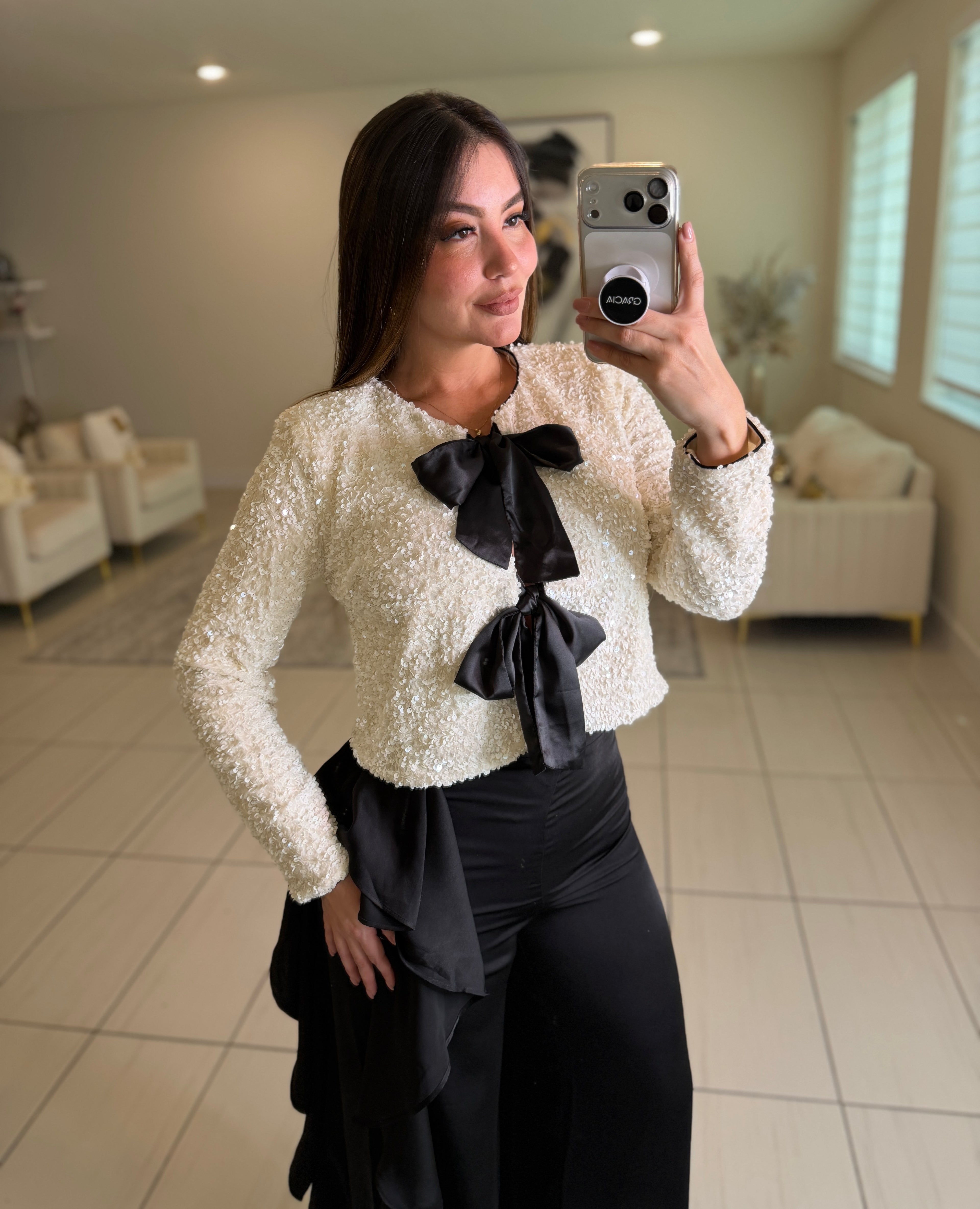 Lustre Bow Sequin White Top