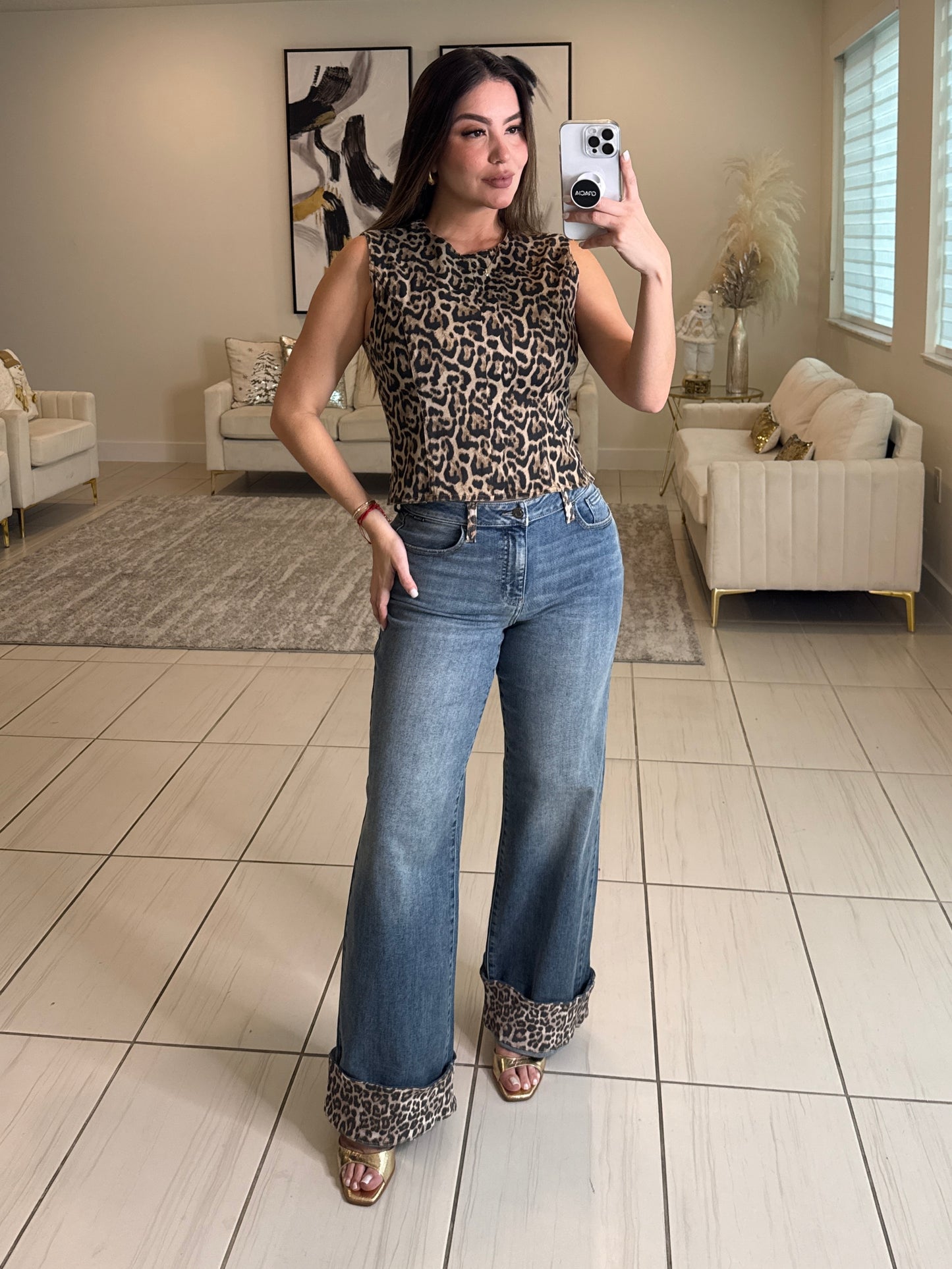 Power Contrast Denim and Leopard Pants