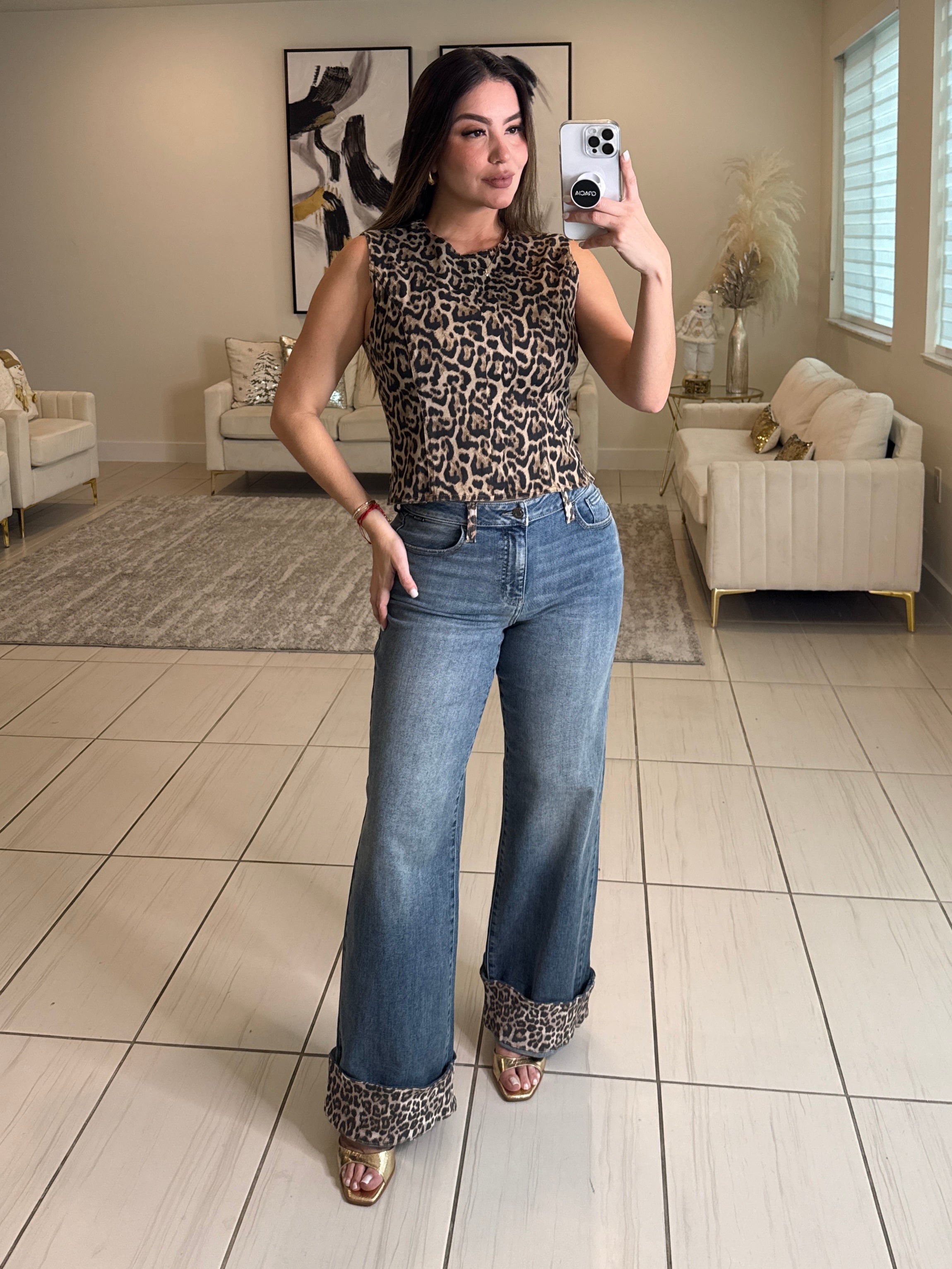 Power Contrast Denim and Leopard Pants