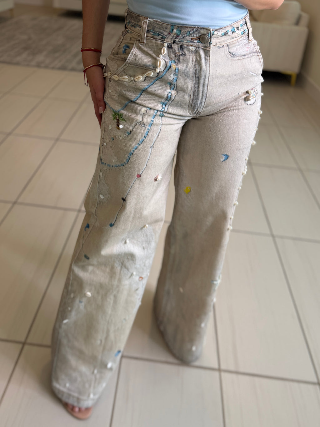 Glam Seashells Beige Denim Pants