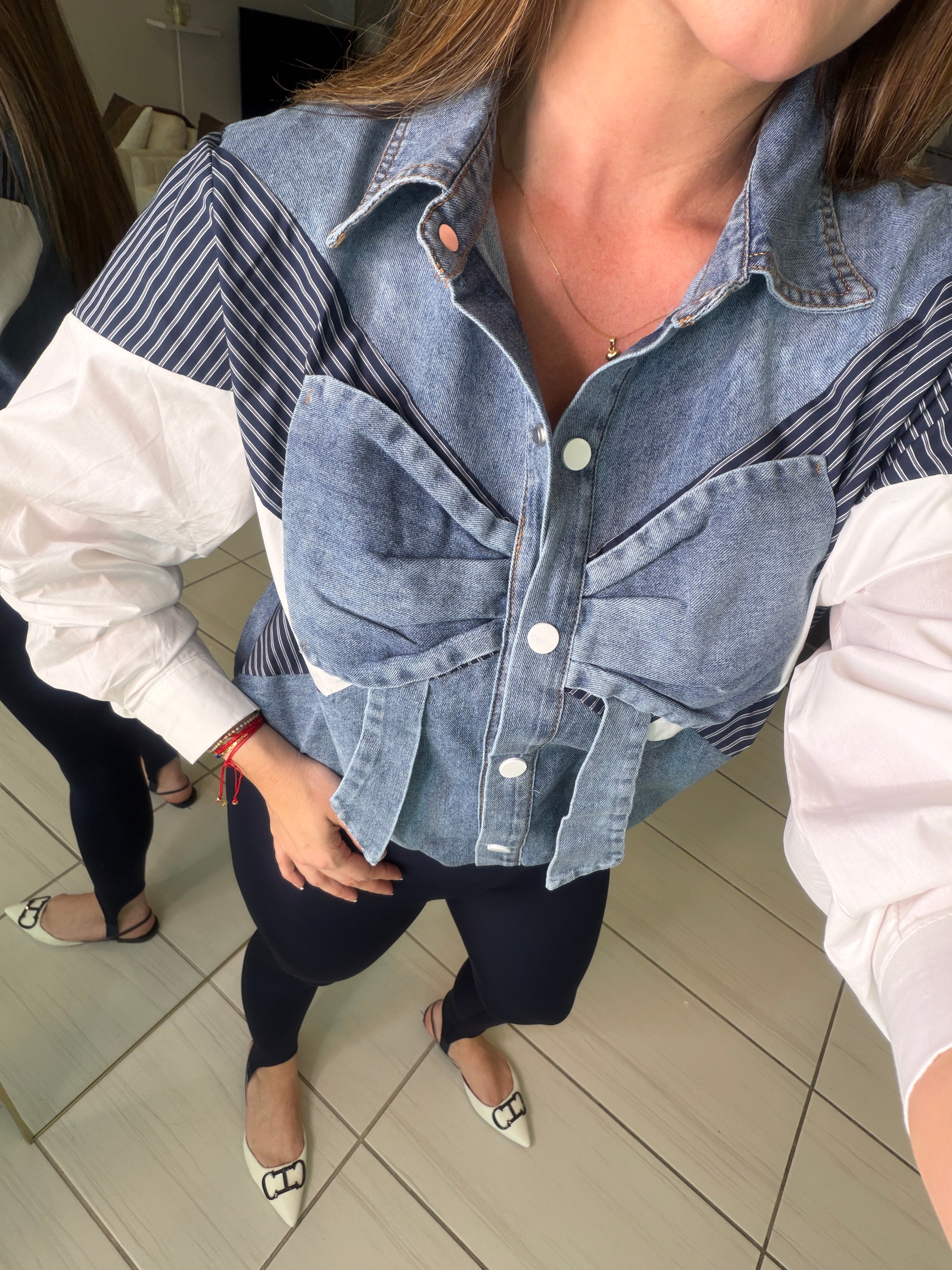 Bow Contrast White and Denim Shirt