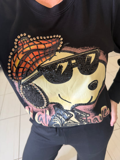 Funny Rhinestones Black Pant Set