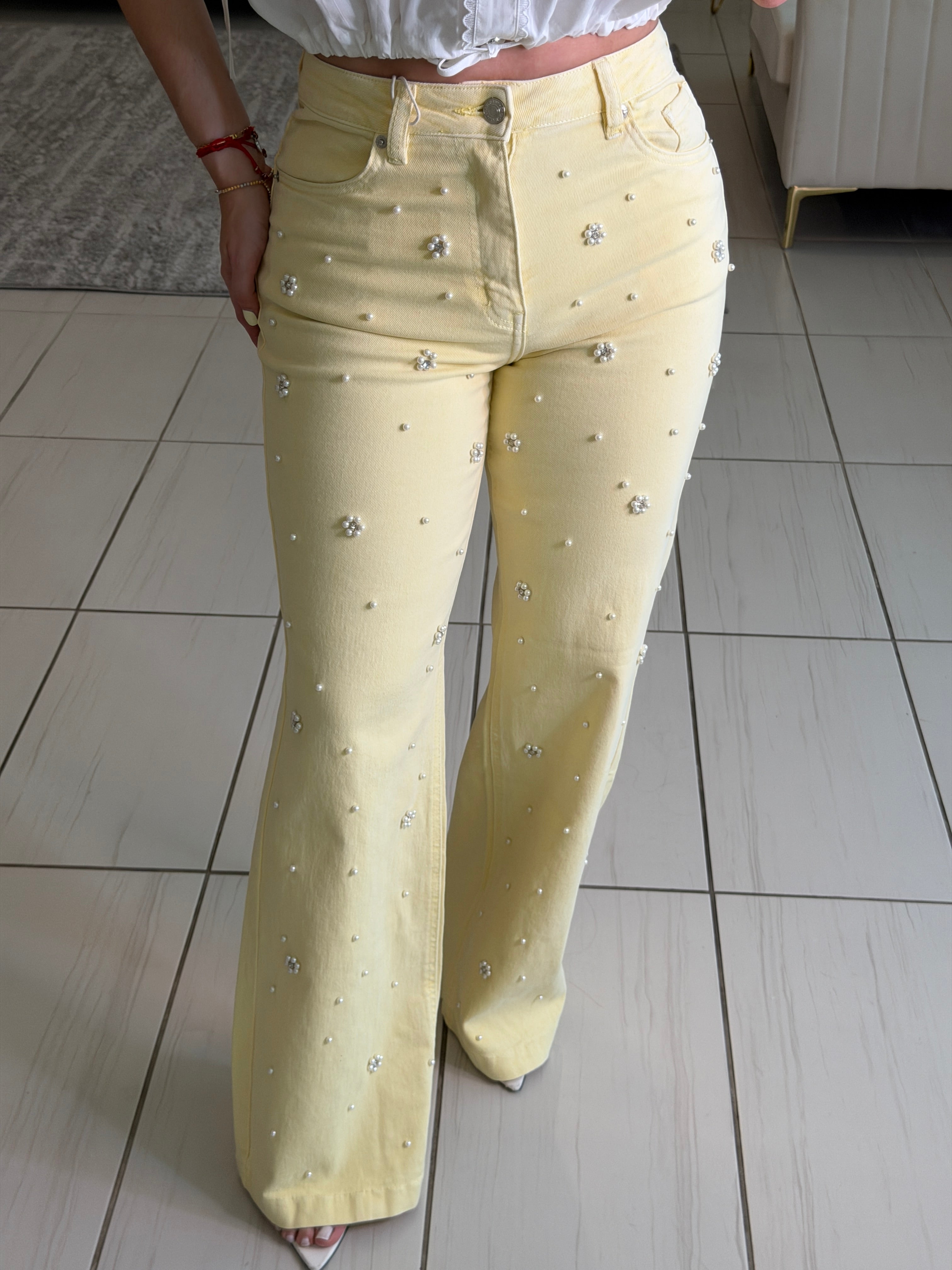 Sunlit Pearls Yellow Denim Pants