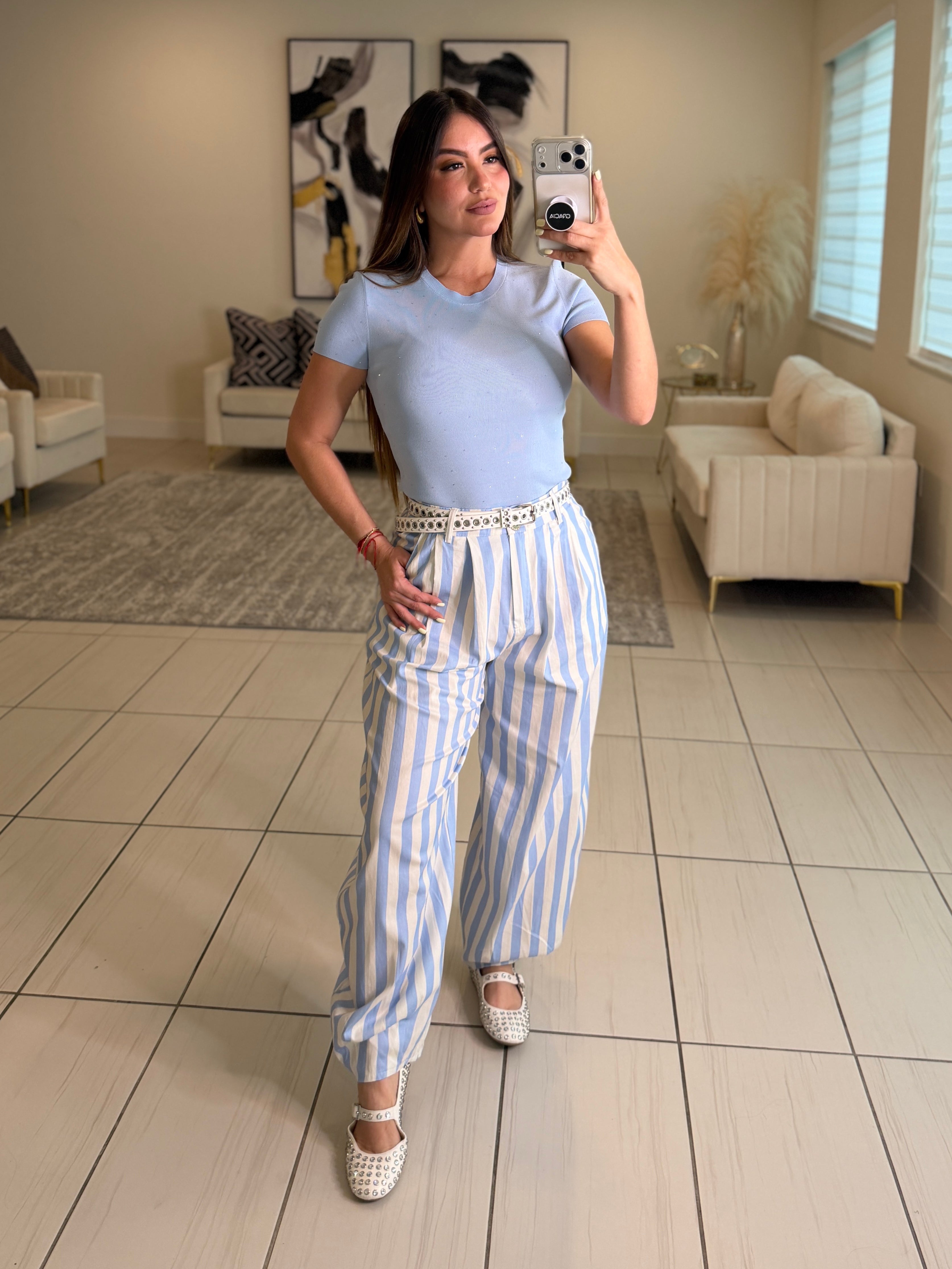 Italian Stripes Light Blue Barrel Pants