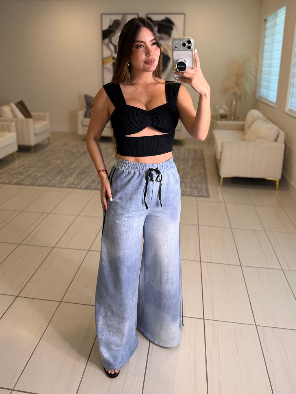 Black Stripes Flare Blue Pants
