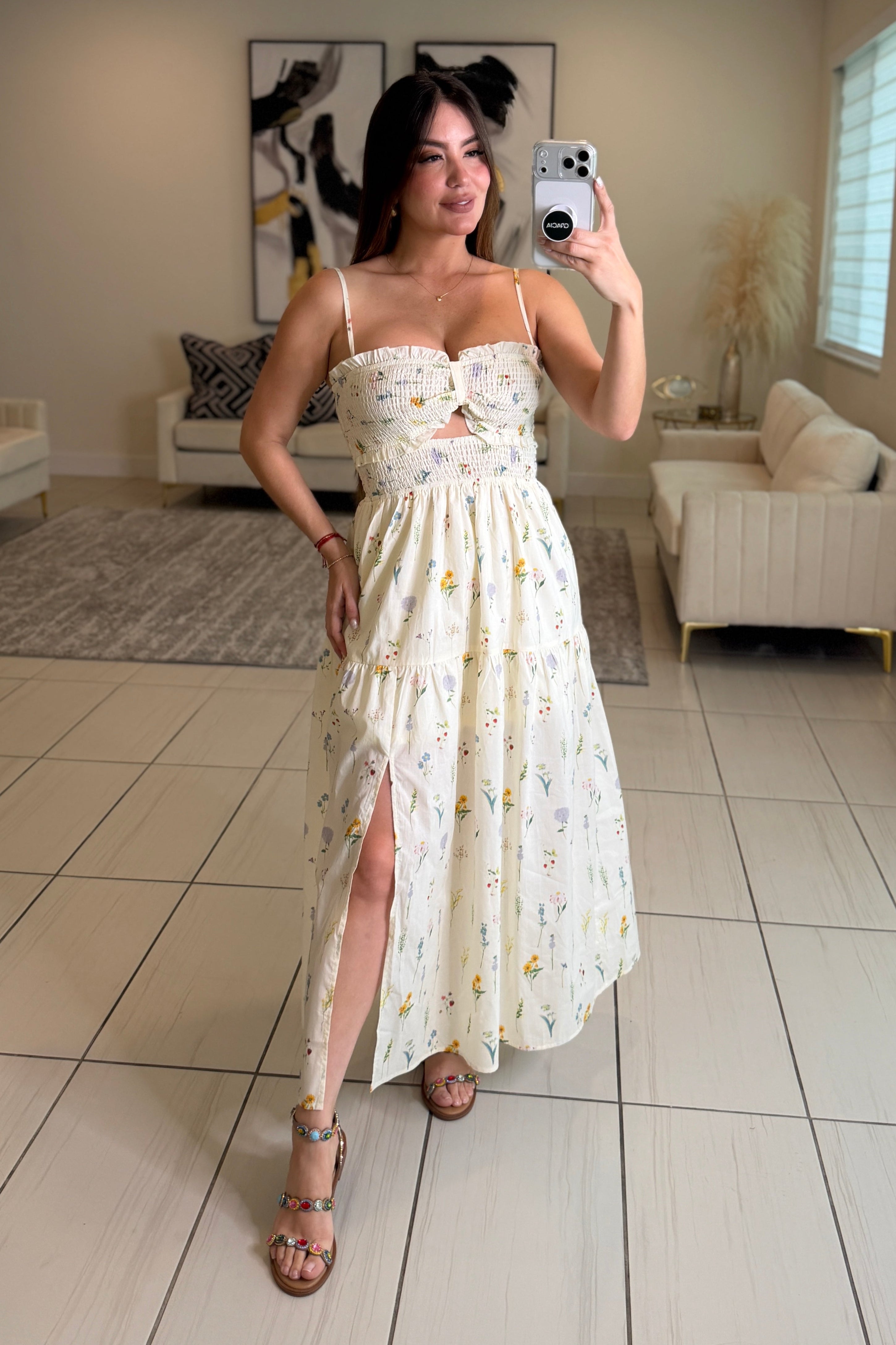 Sweet Floral Beige Dress