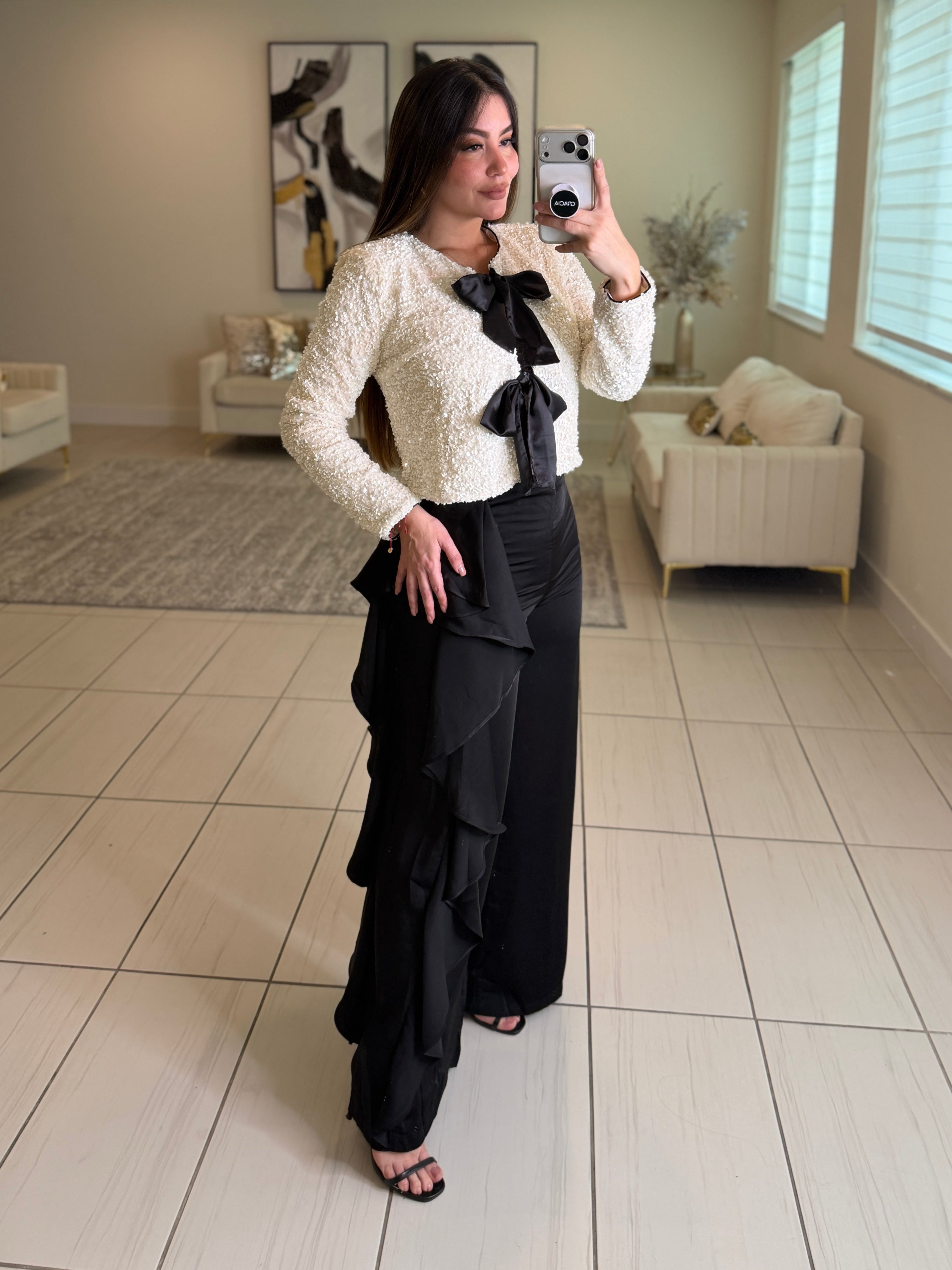 Lustre Bow Sequin White Top