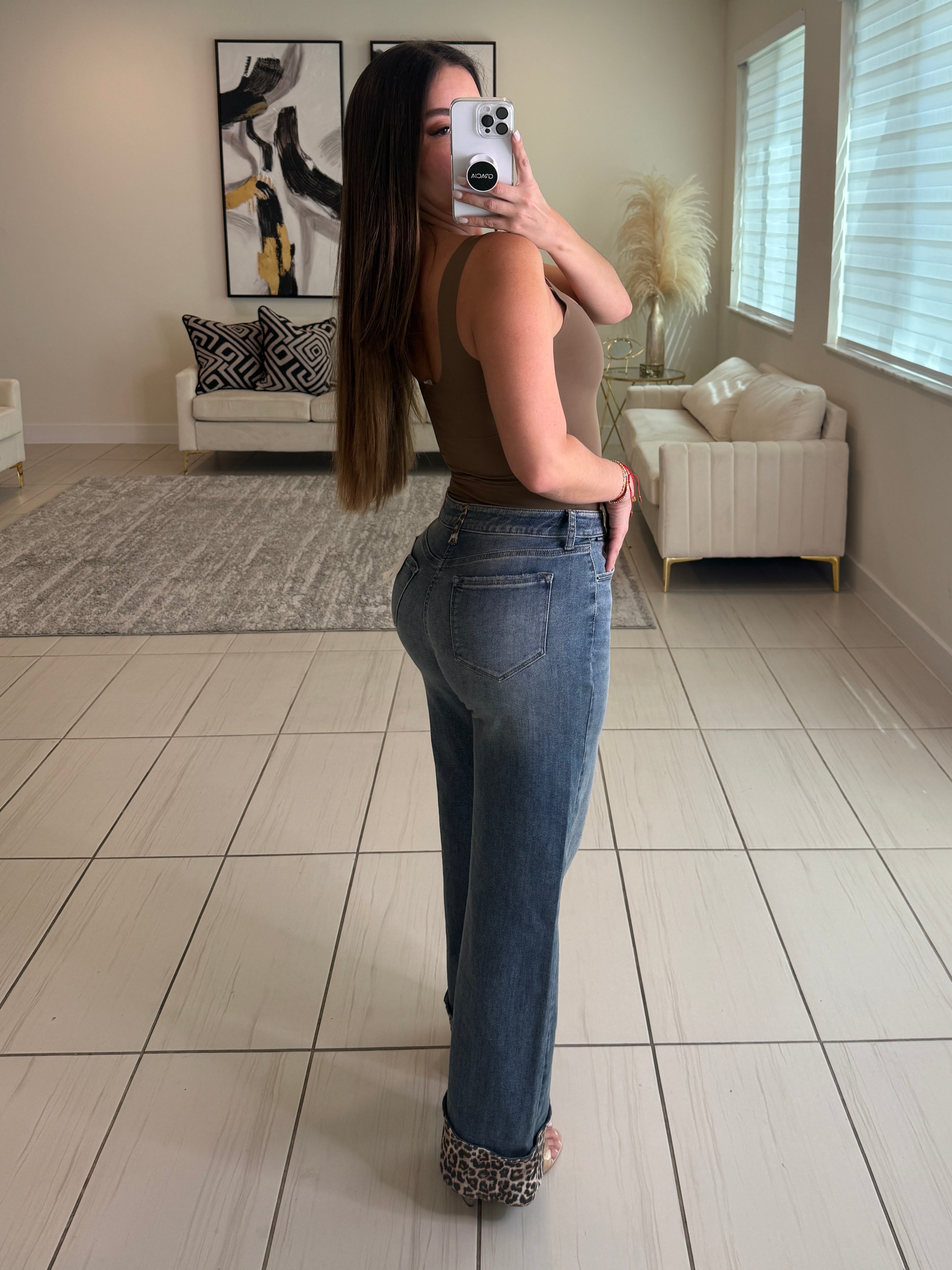 Power Contrast Denim and Leopard Pants