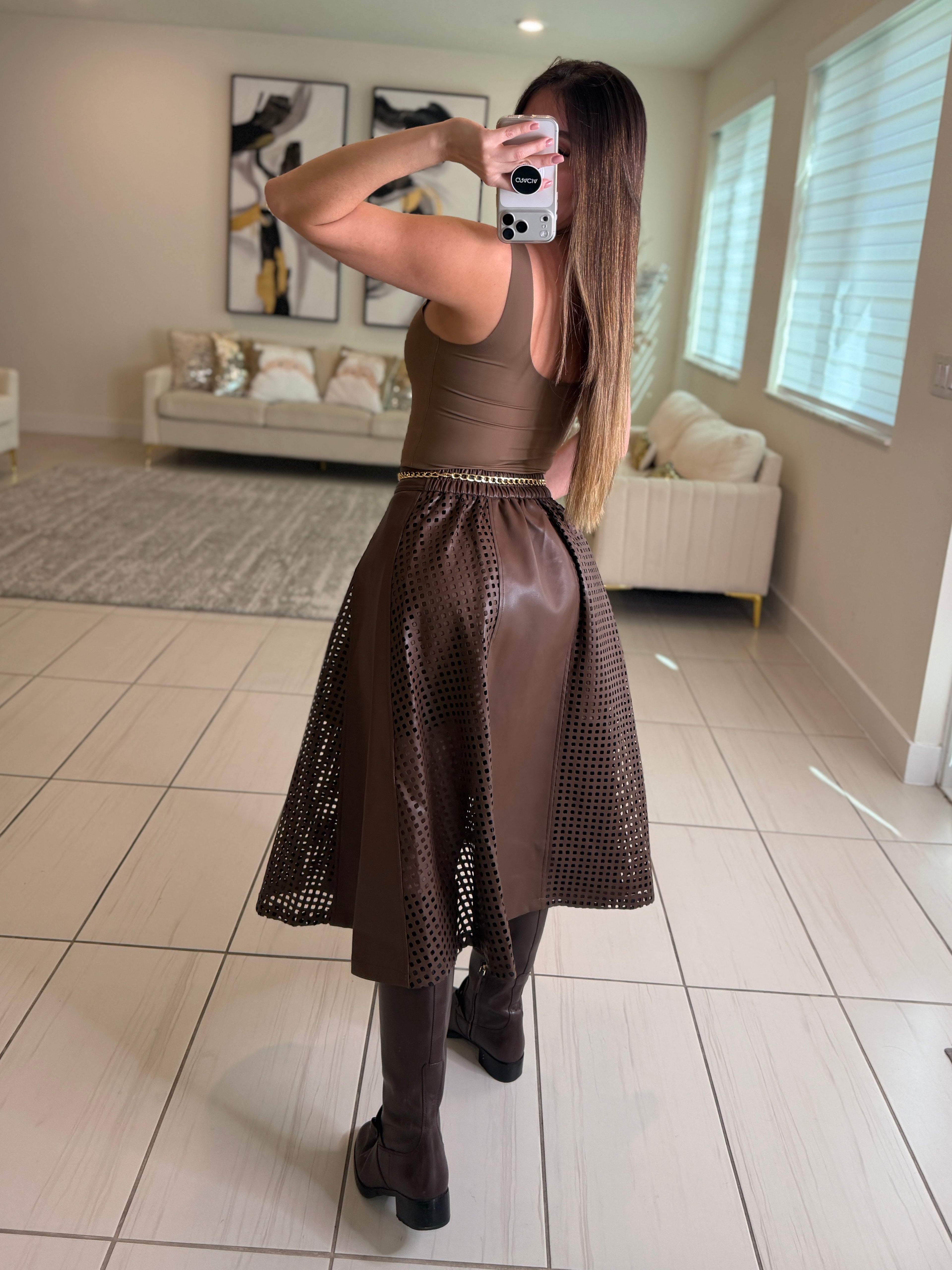 Luxe Faux Leather Brown Skirt Set
