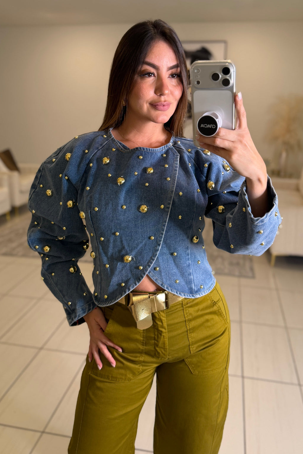 Luxe Golden Dots Denim Top