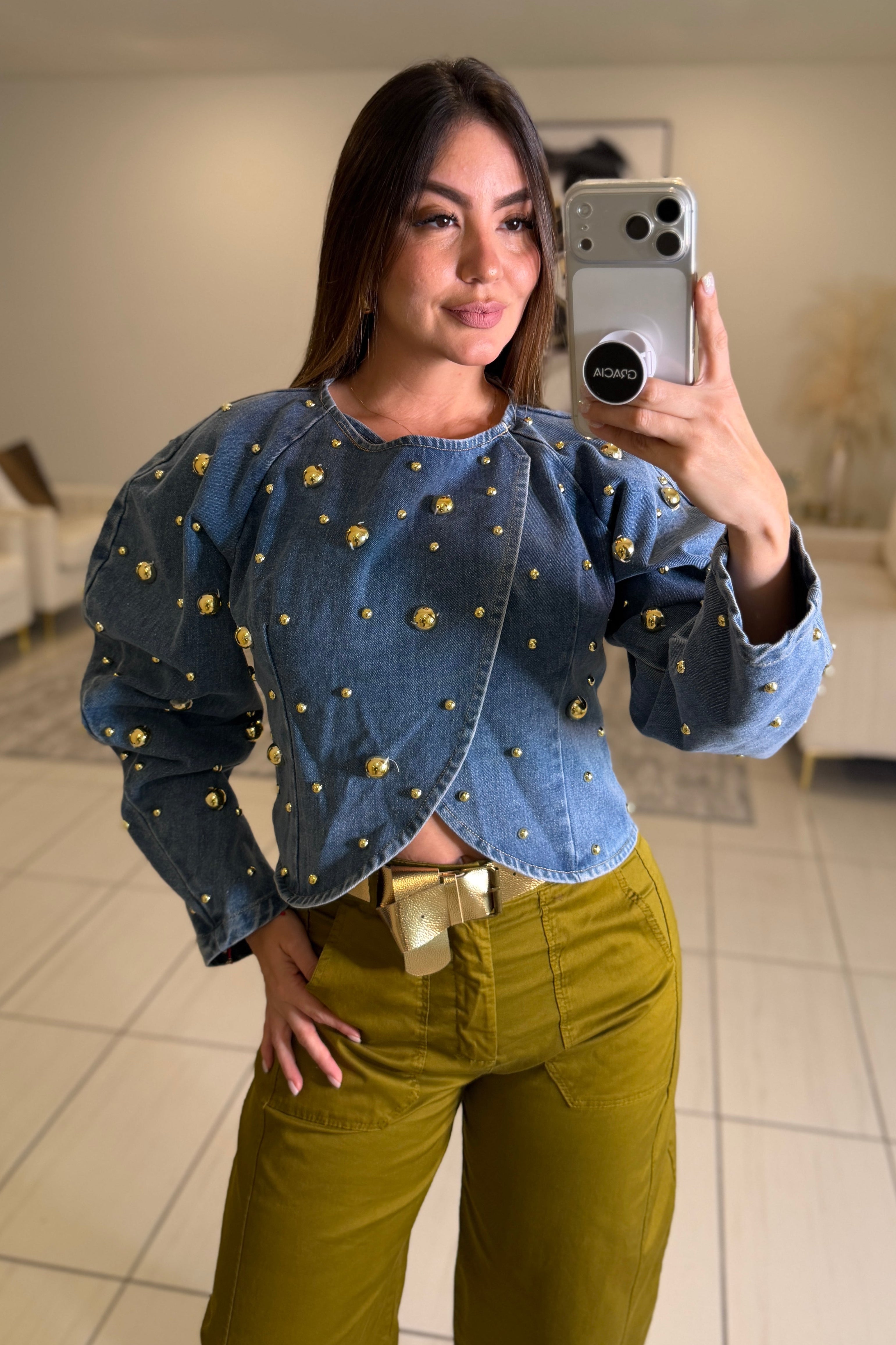 Luxe Golden Dots Denim Top