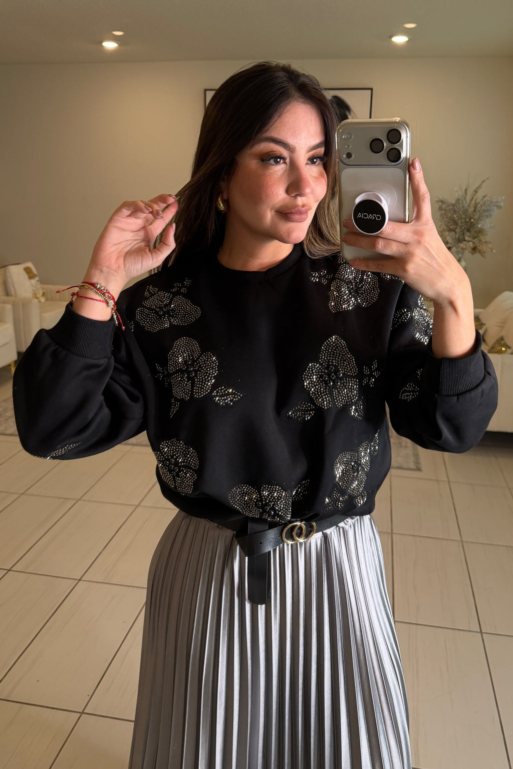 Blossom Rhinestones Black Sweater