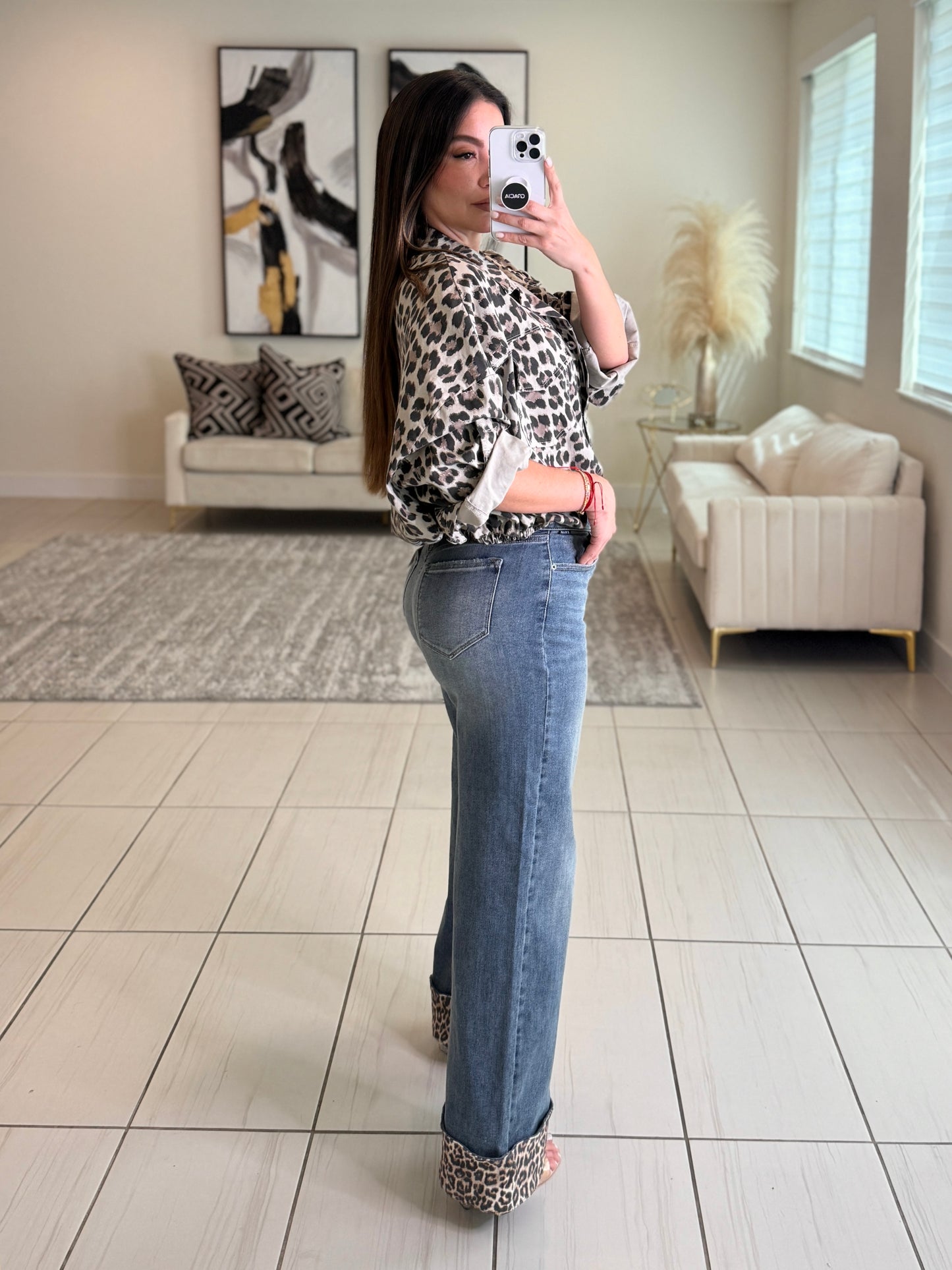 Power Contrast Denim and Leopard Pants