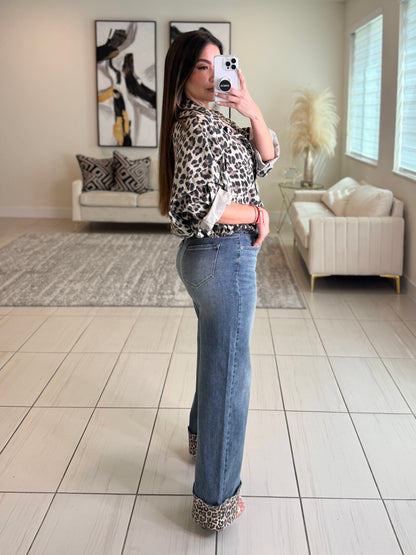 Power Contrast Denim and Leopard Pants