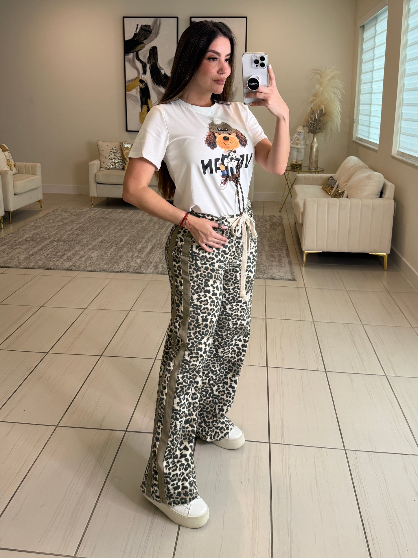 Structured Leopard Denim Pants