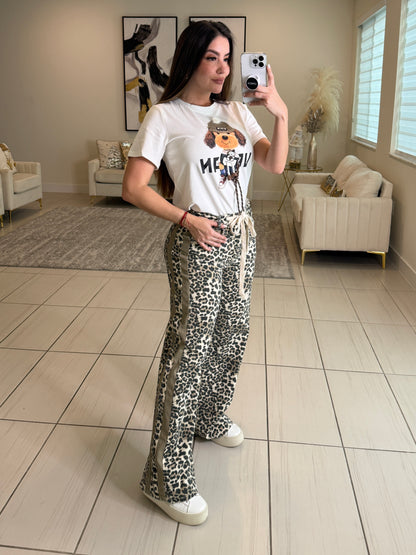 Structured Leopard Denim Pants