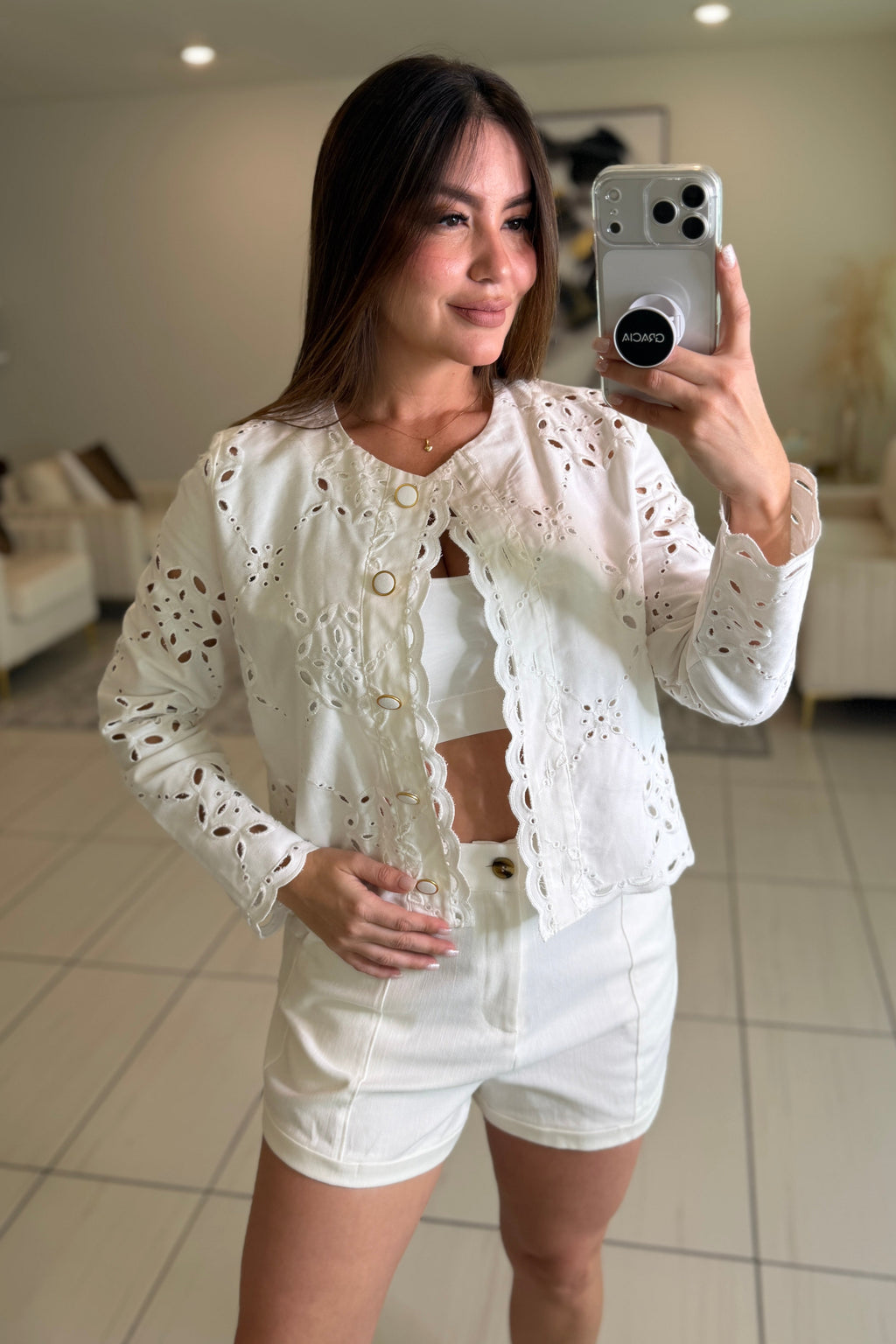 Decorative Eyelet White Jacket