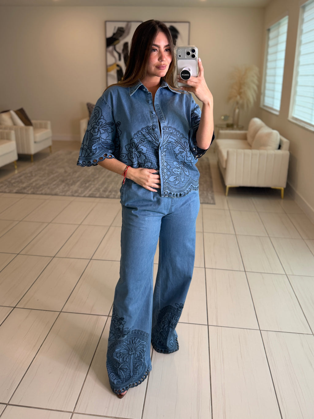 Paradise Embroidered Denim Pant Set