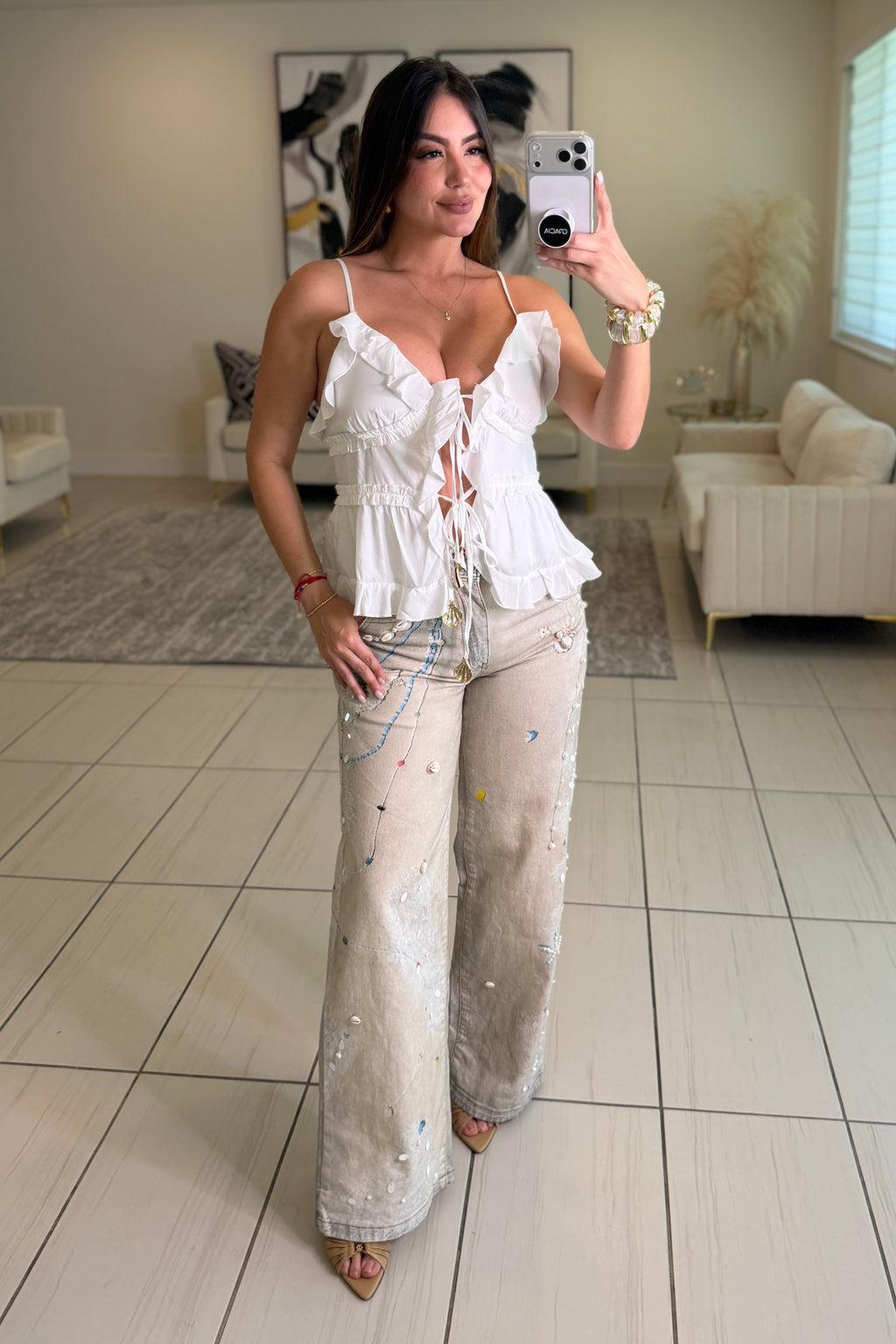 Glam Seashells Beige Denim Pants