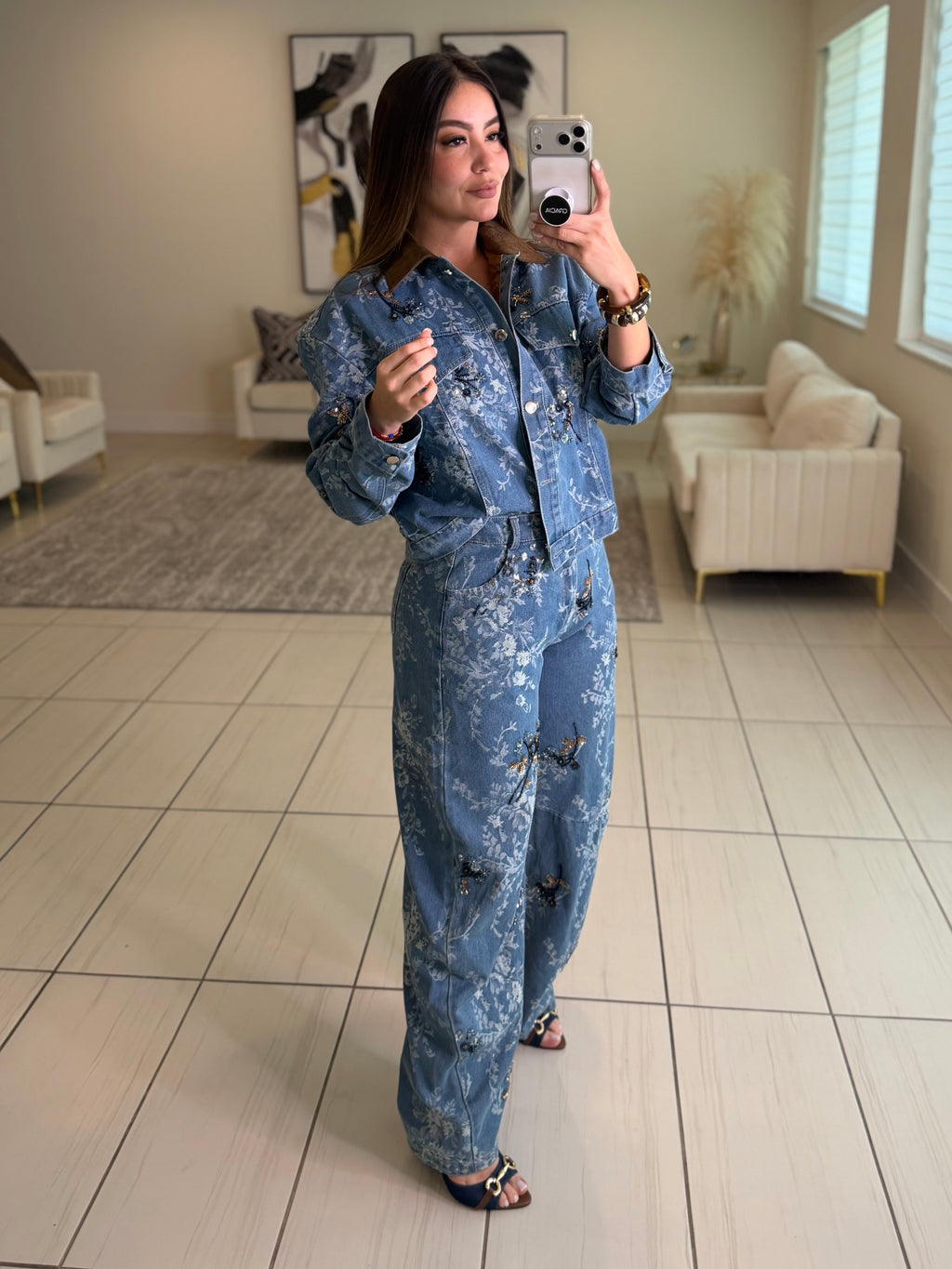 Sequin Blossom Denim Barrel Pant Set