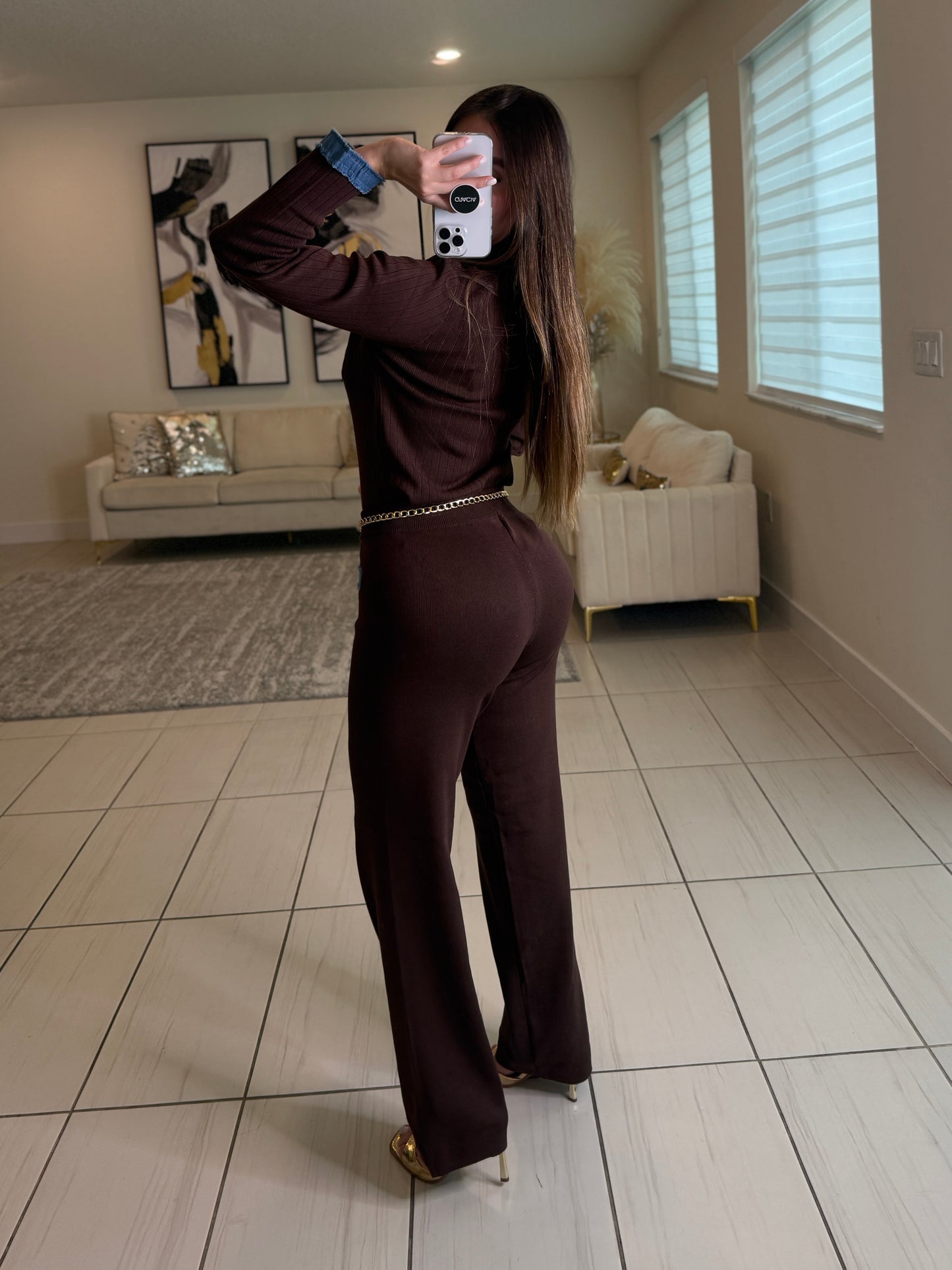 Modern Frame Knit Brown Pant Set