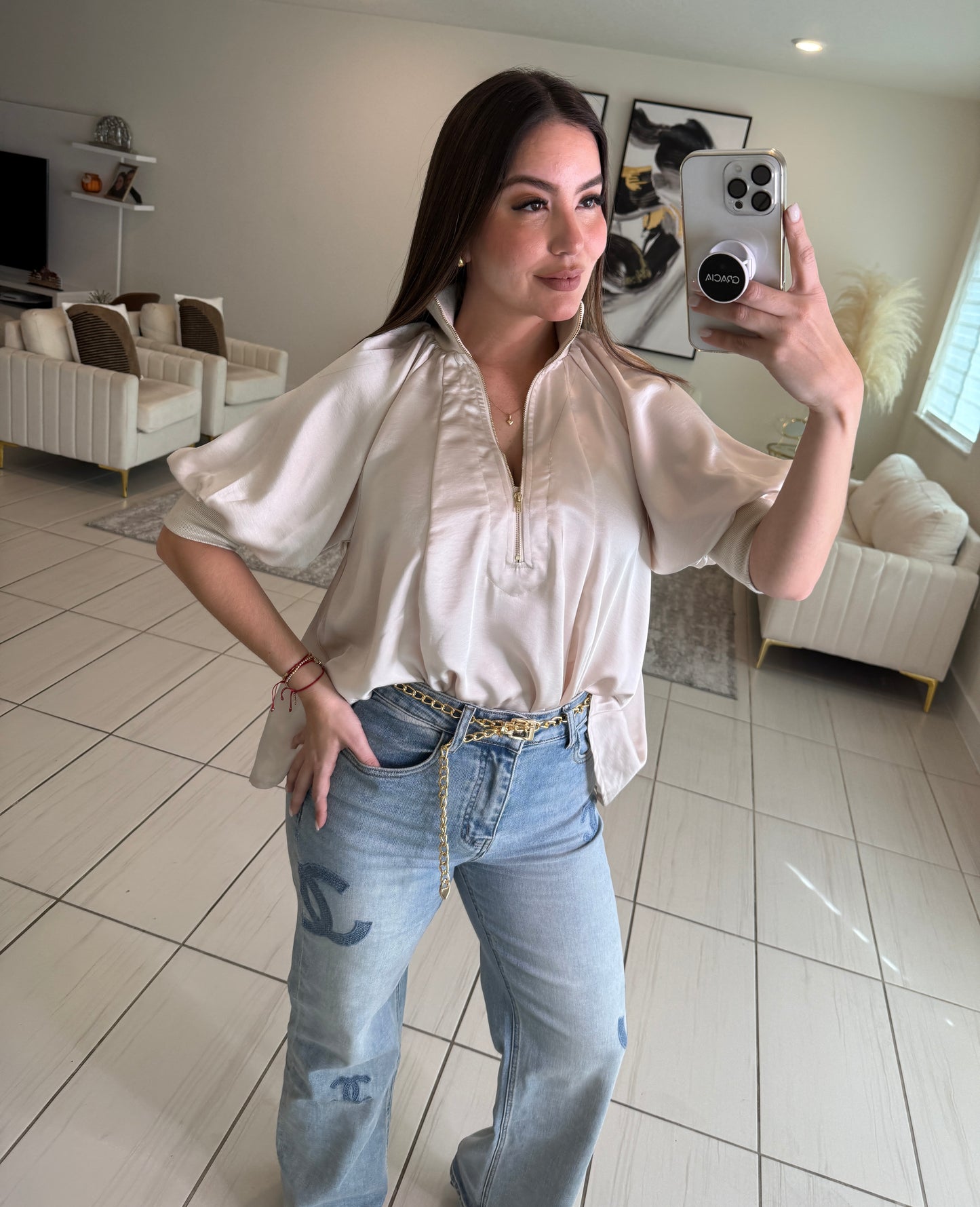 Mock Nek Band Puff Beige Top