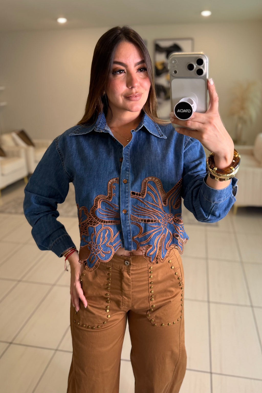 Brown Blossoms Denim Top