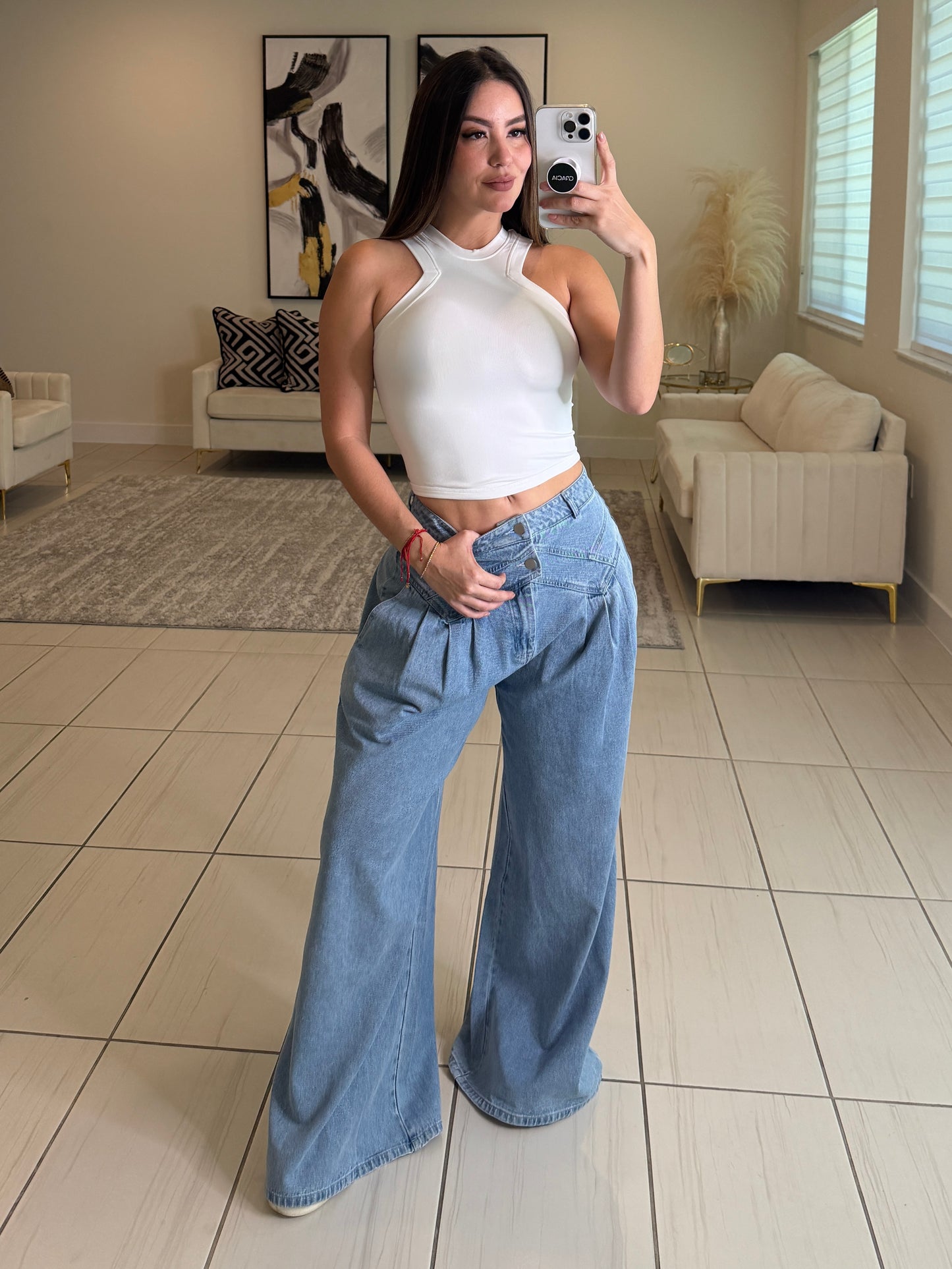 Pintuck Wide Leg Denim Pants