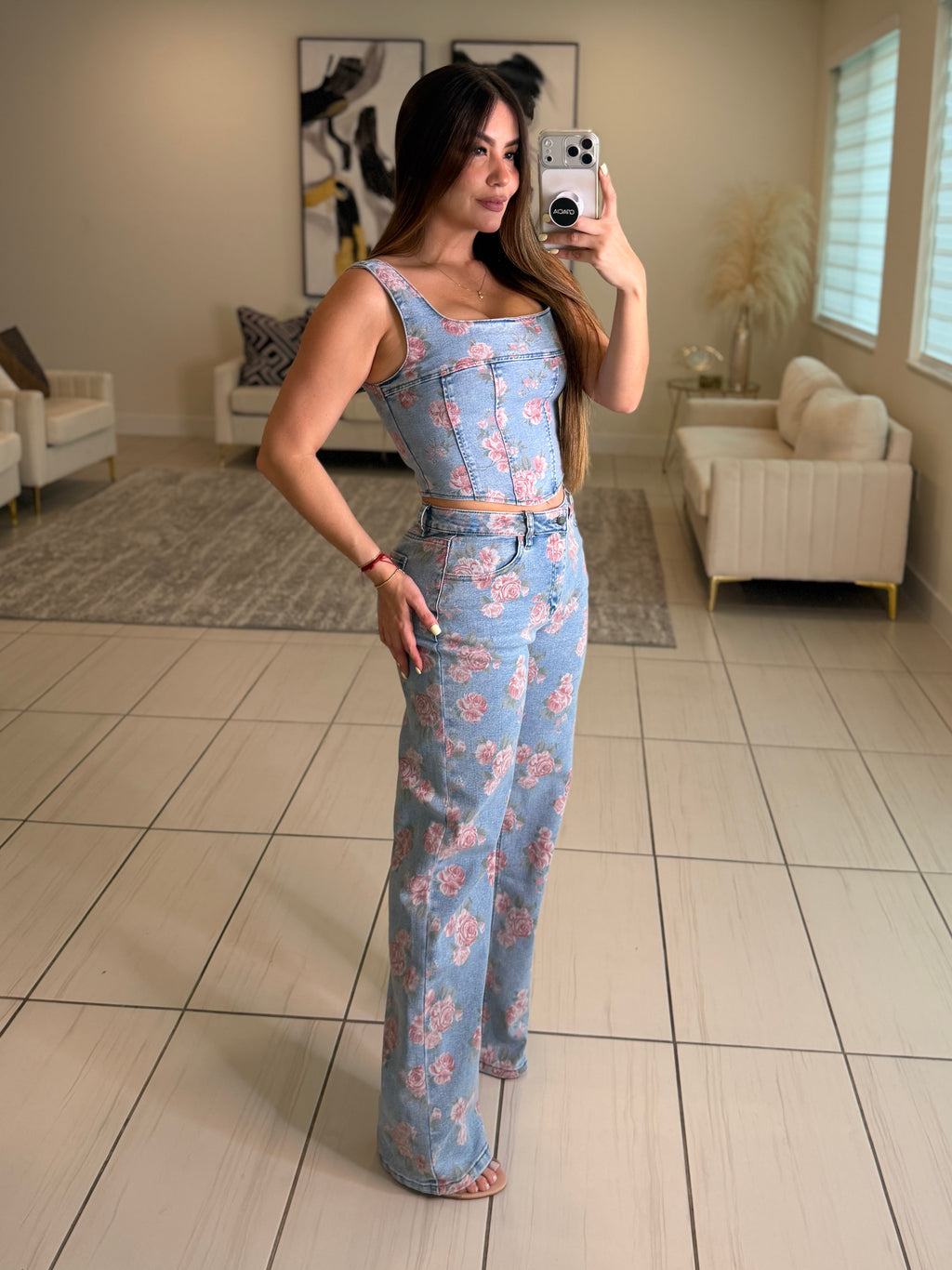 Pink Blossom Denim Pant Set