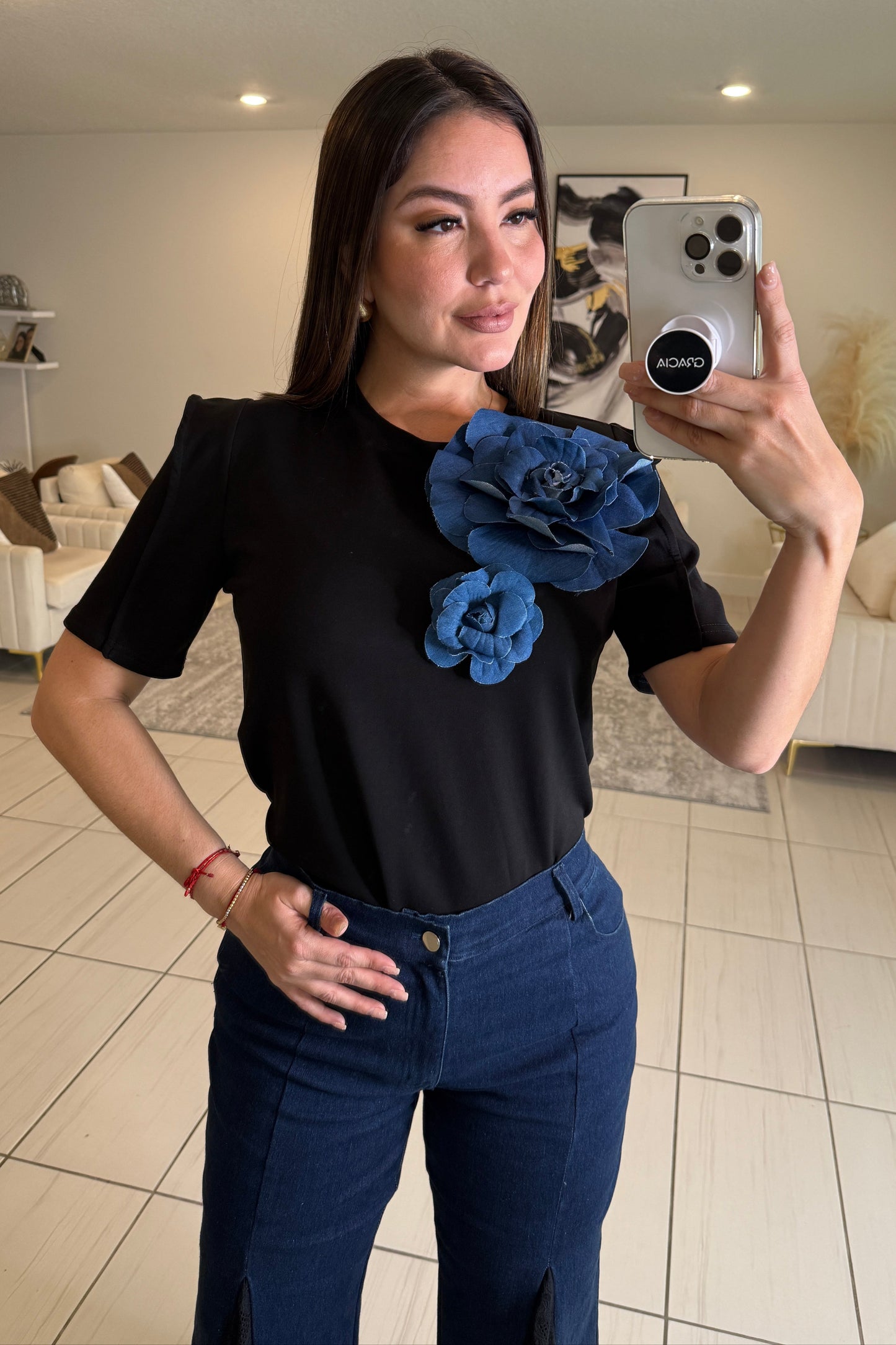 Petal Denim Black Top