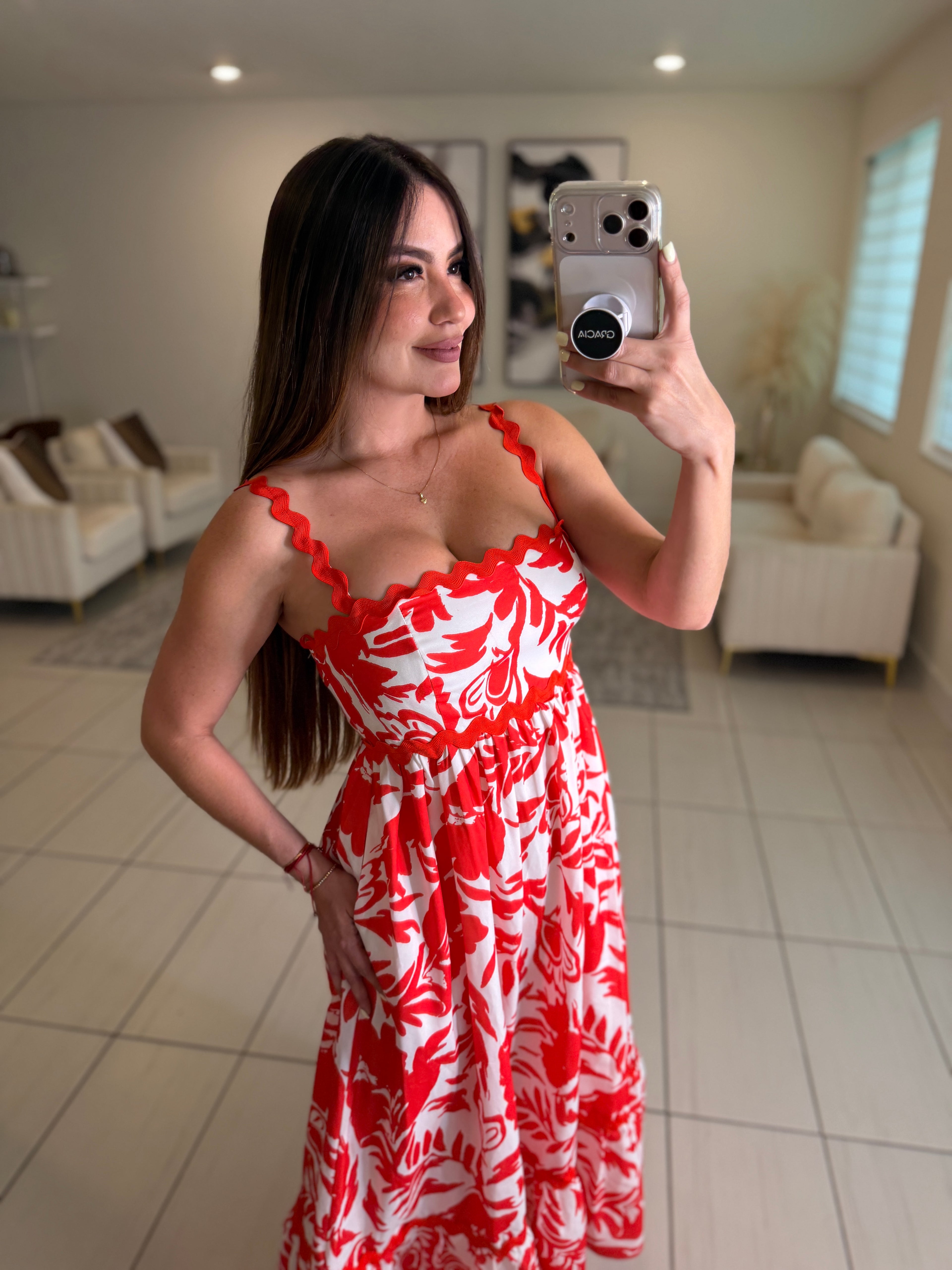 Garden Reverie Floral Red Midi Dress