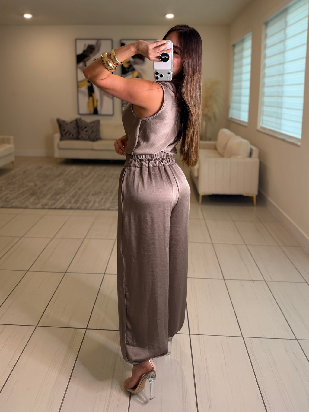 Effortless Essence Ruched Taupe Pant Set