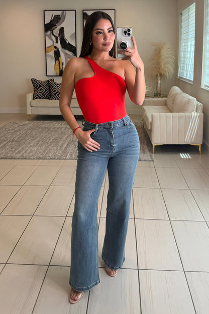Asymmetrical Red Basic Bodysuit