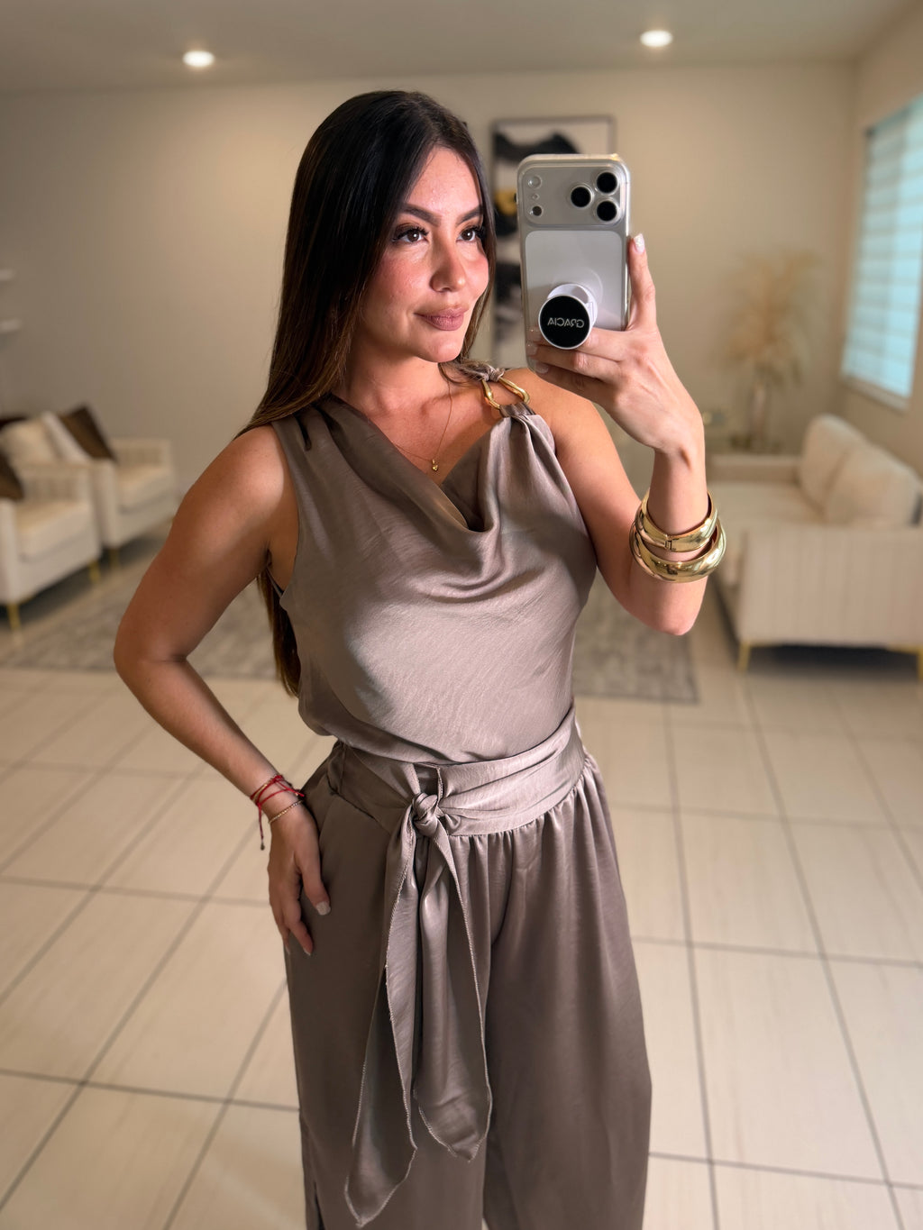 Effortless Essence Ruched Taupe Pant Set