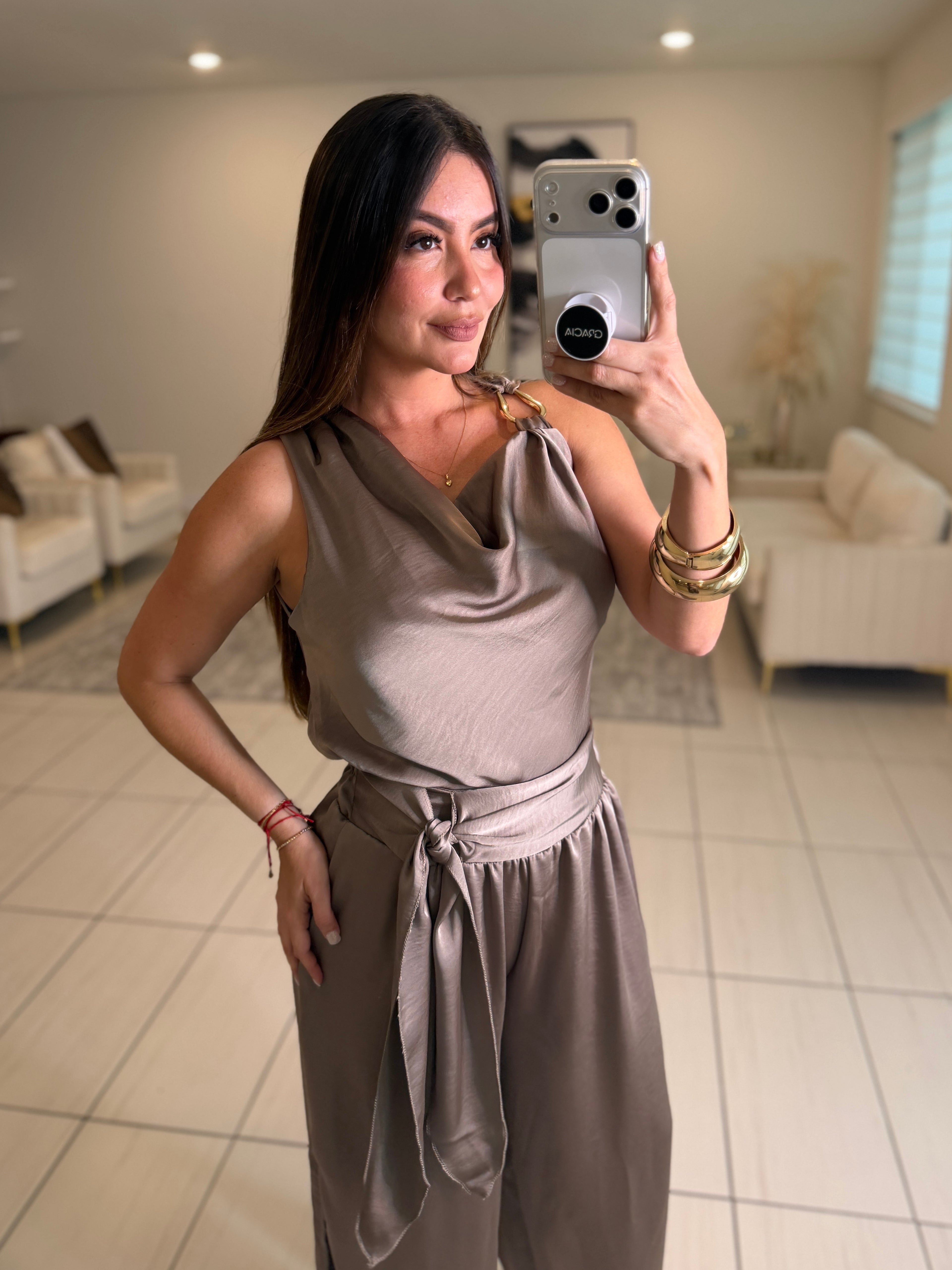 Effortless Essence Ruched Taupe Pant Set