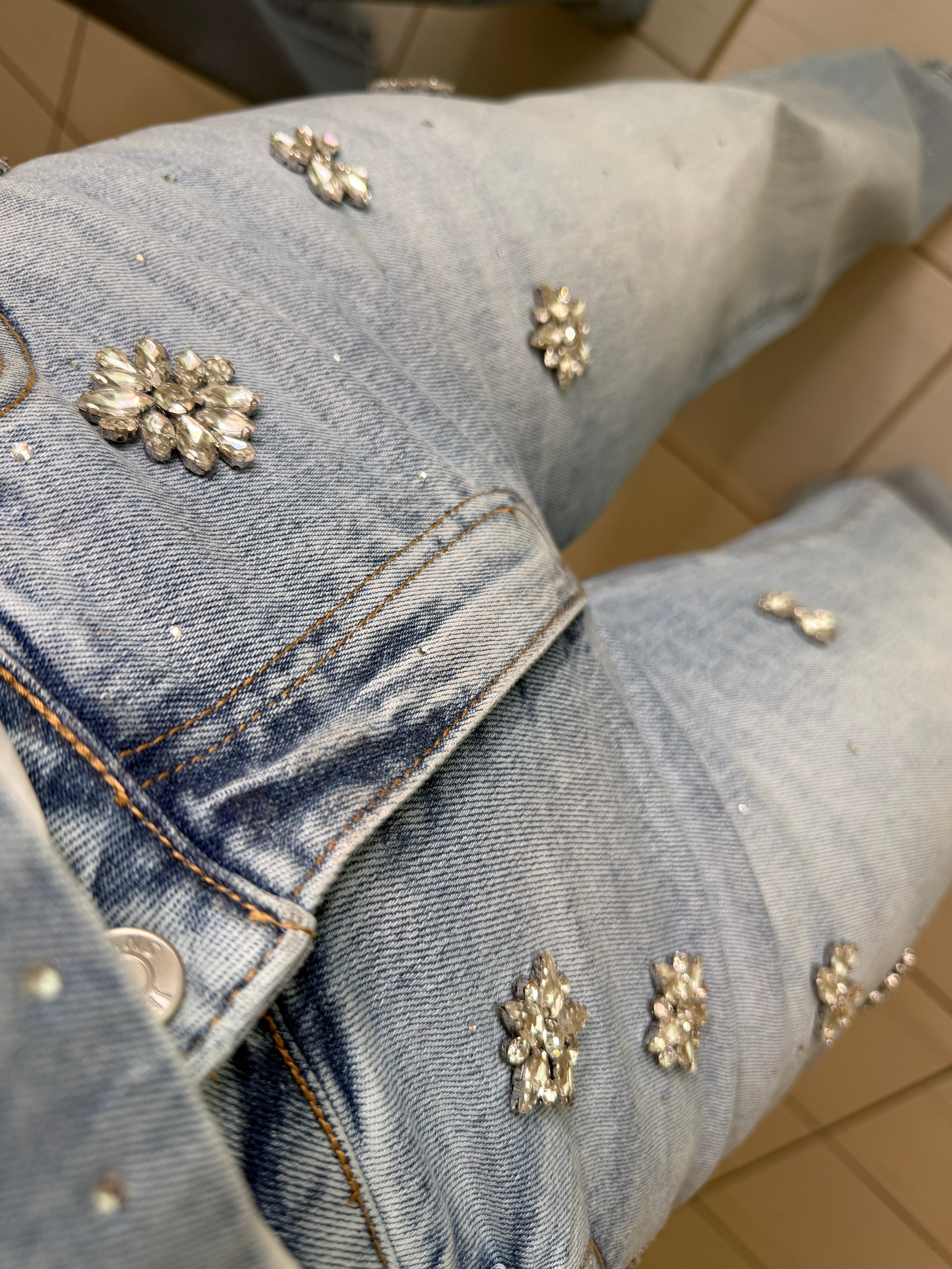 Sparkling Stones Flowers Denim Pants