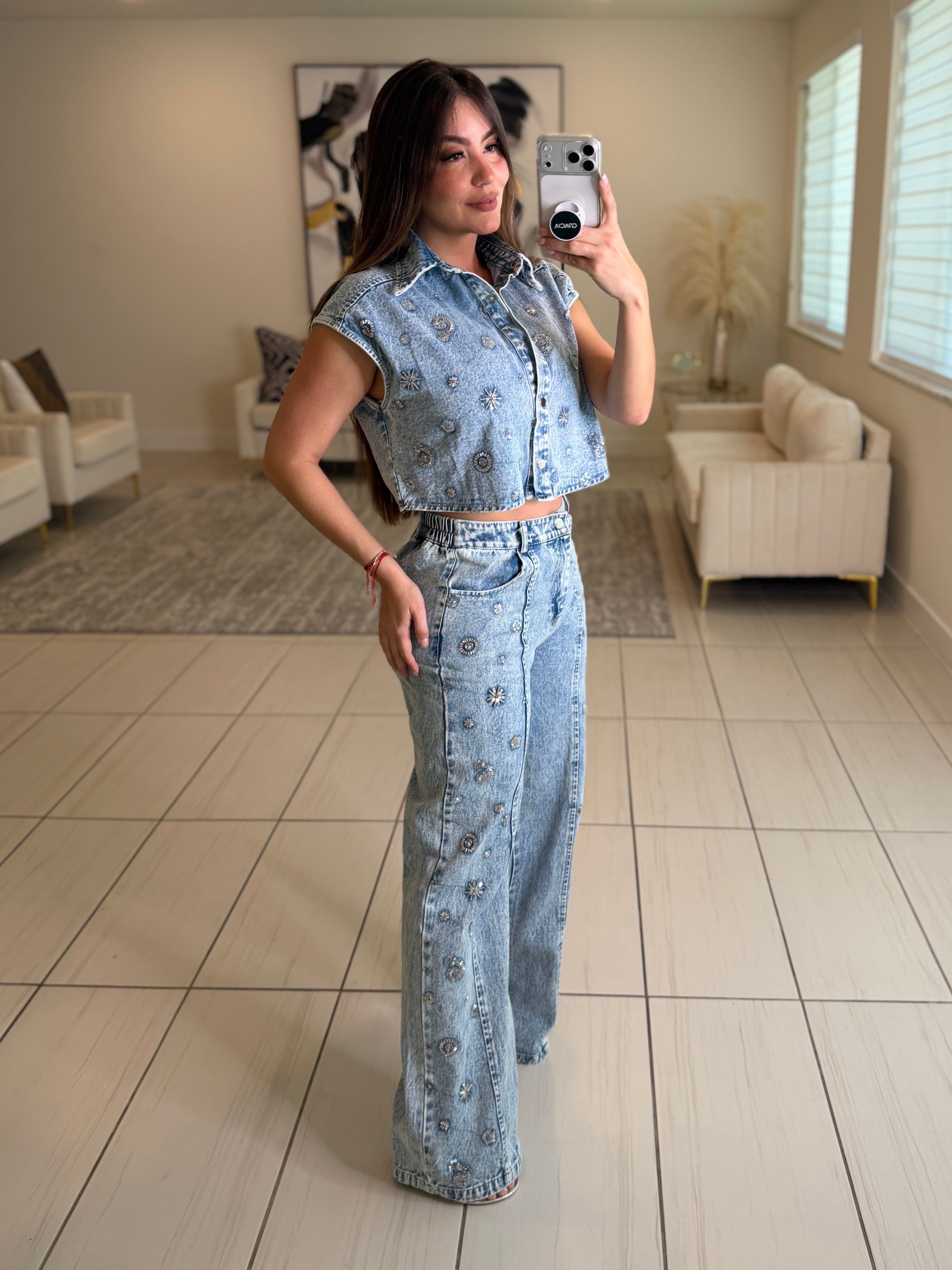 Perfect Silver Sequin Denim Pant Set