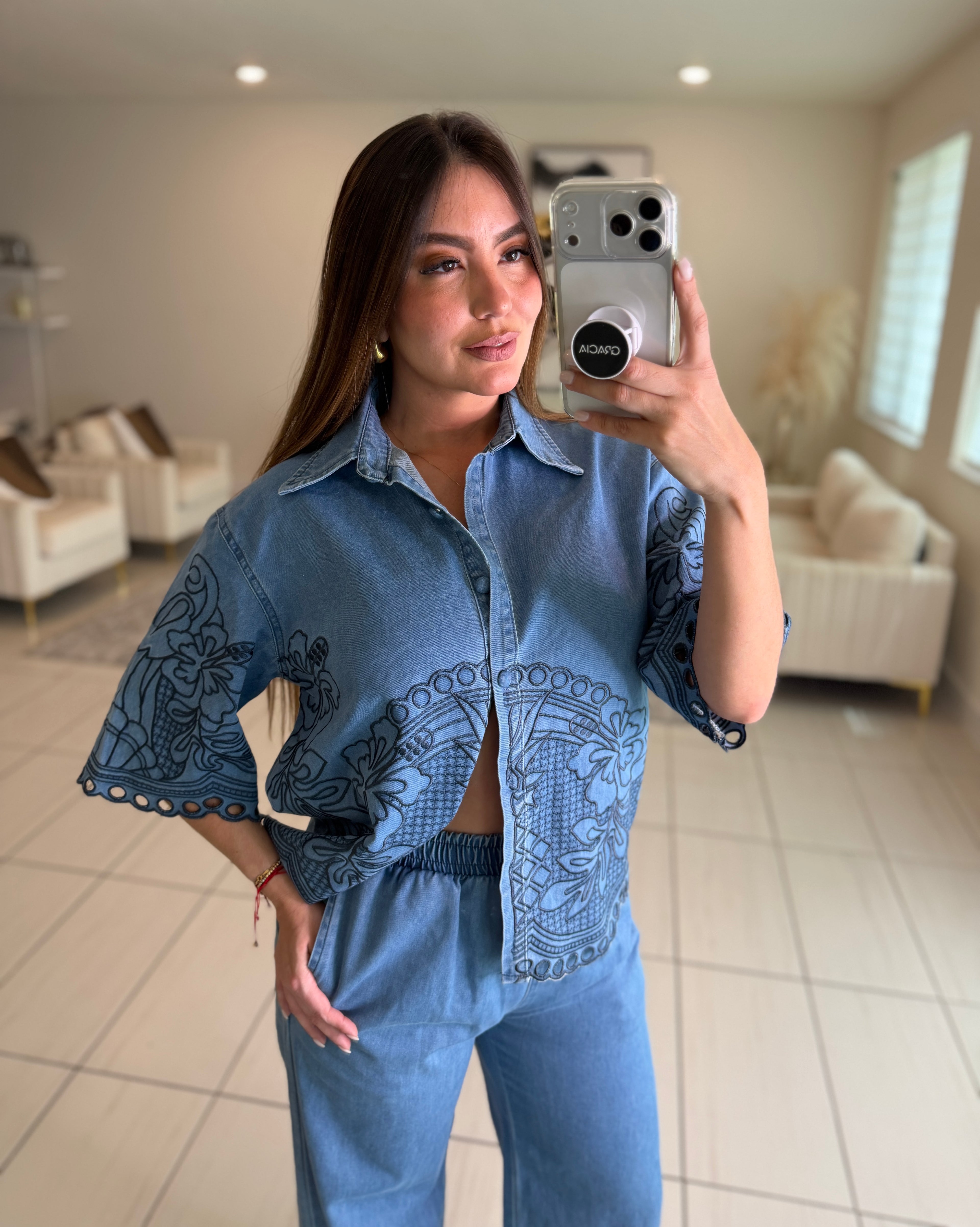 Paradise Embroidered Denim Pant Set