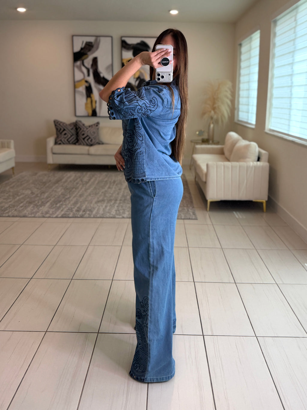 Paradise Embroidered Denim Pant Set