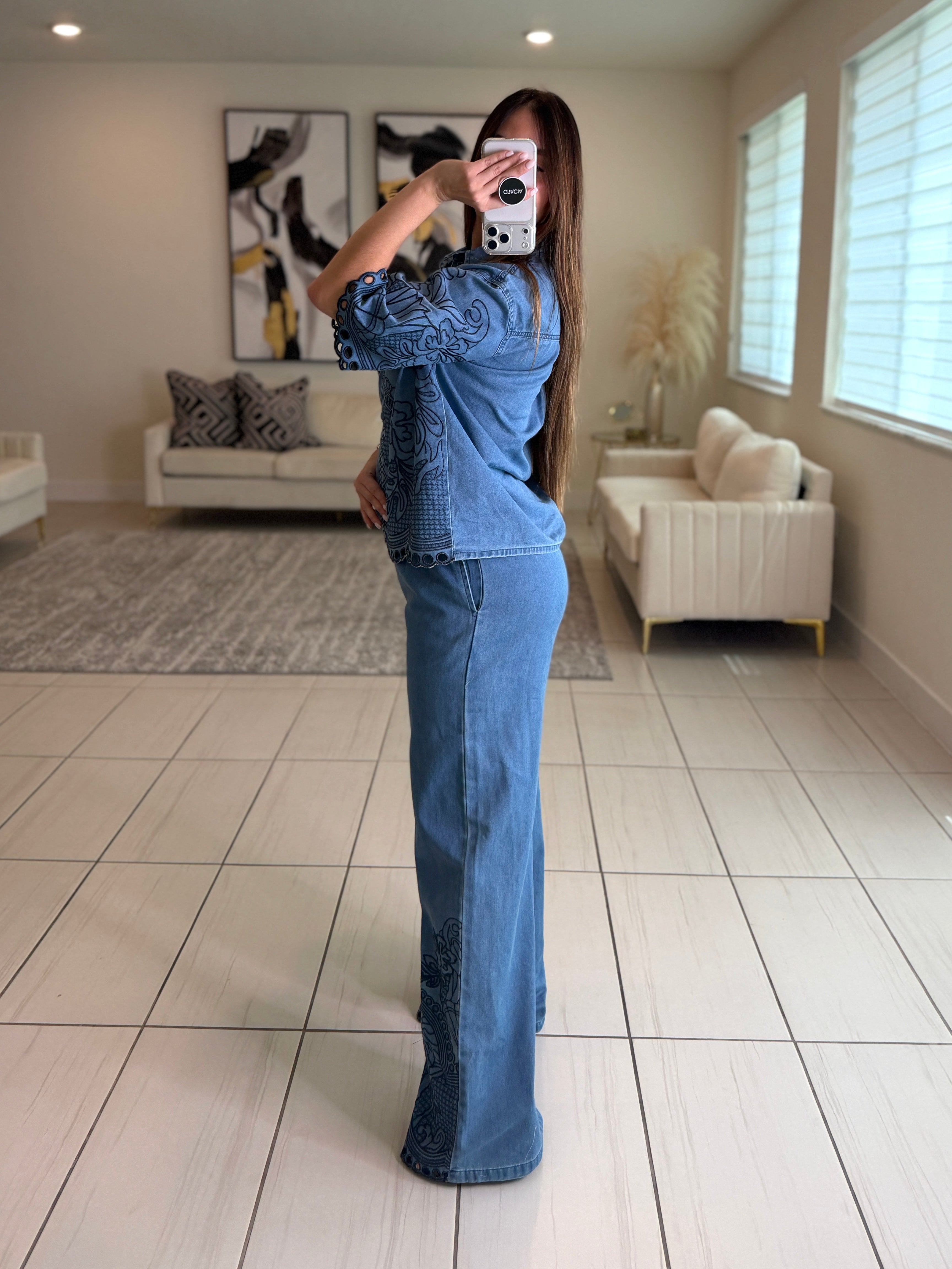 Paradise Embroidered Denim Pant Set