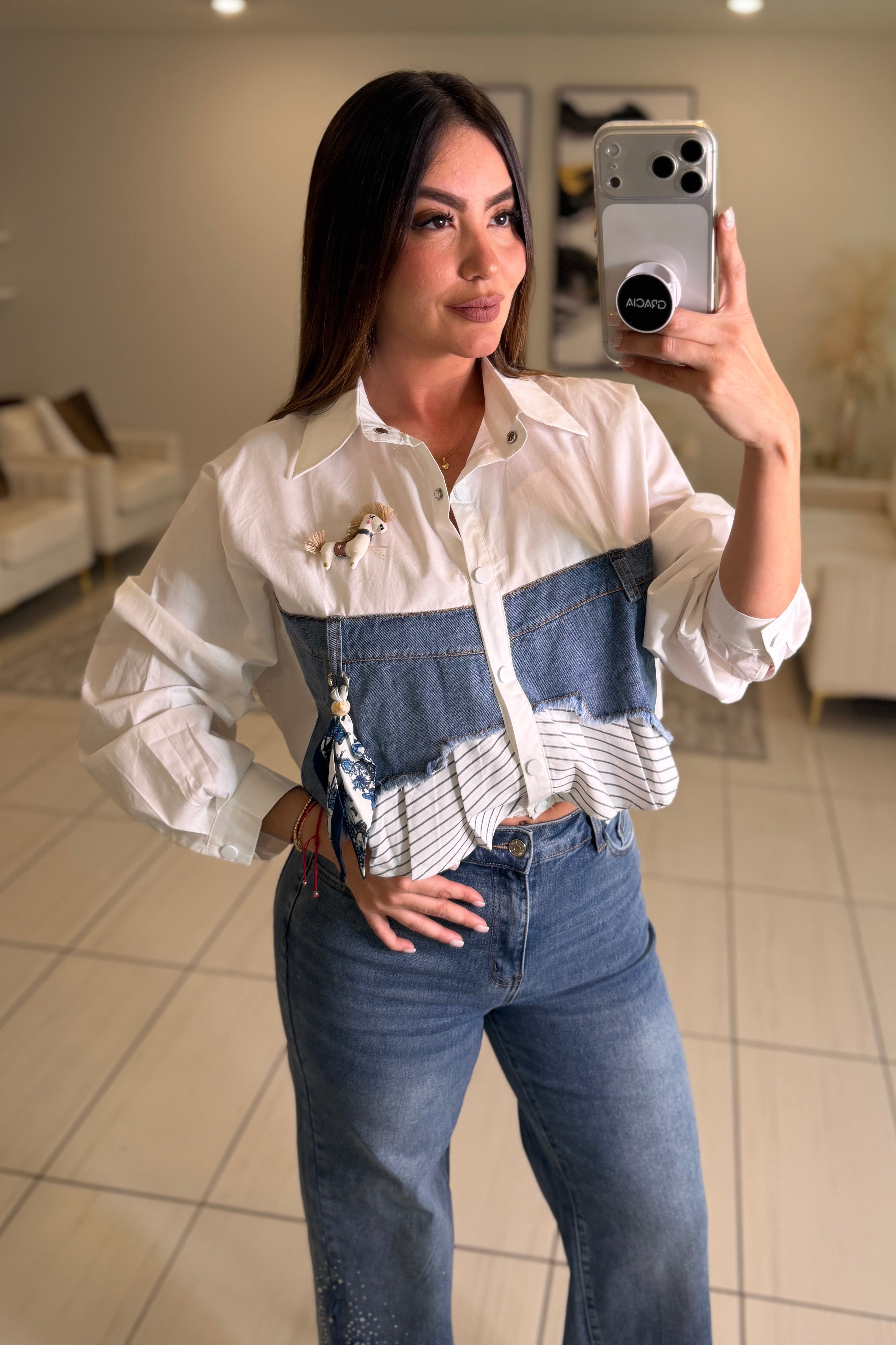 Addicted Contrast White and Denim Shirt