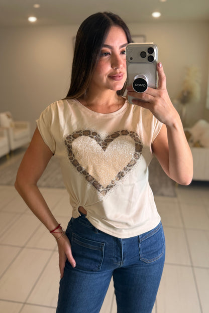 Leopard Heart Stones Beige Top