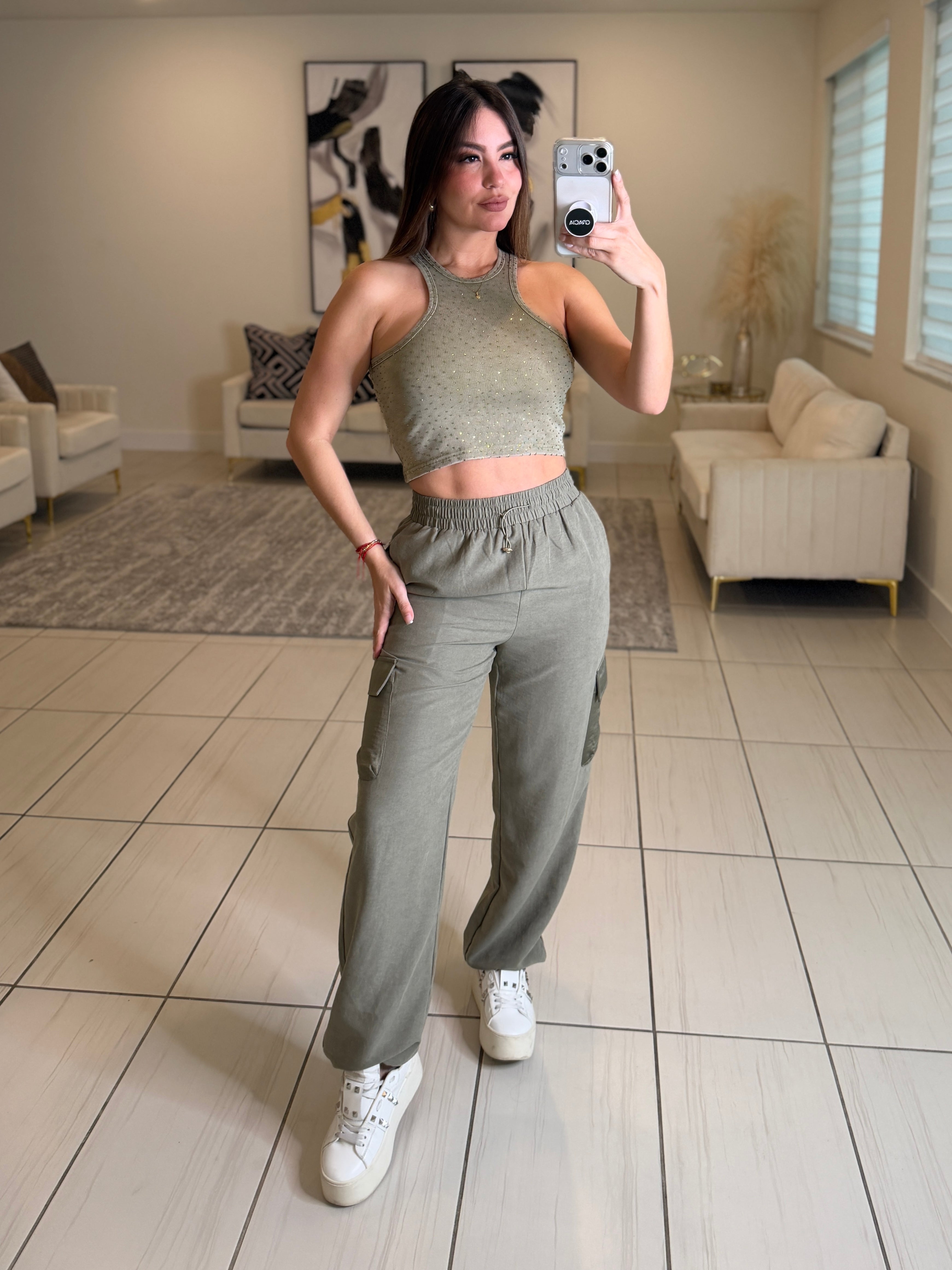 Glow Up Rhinestones Green Tank Top